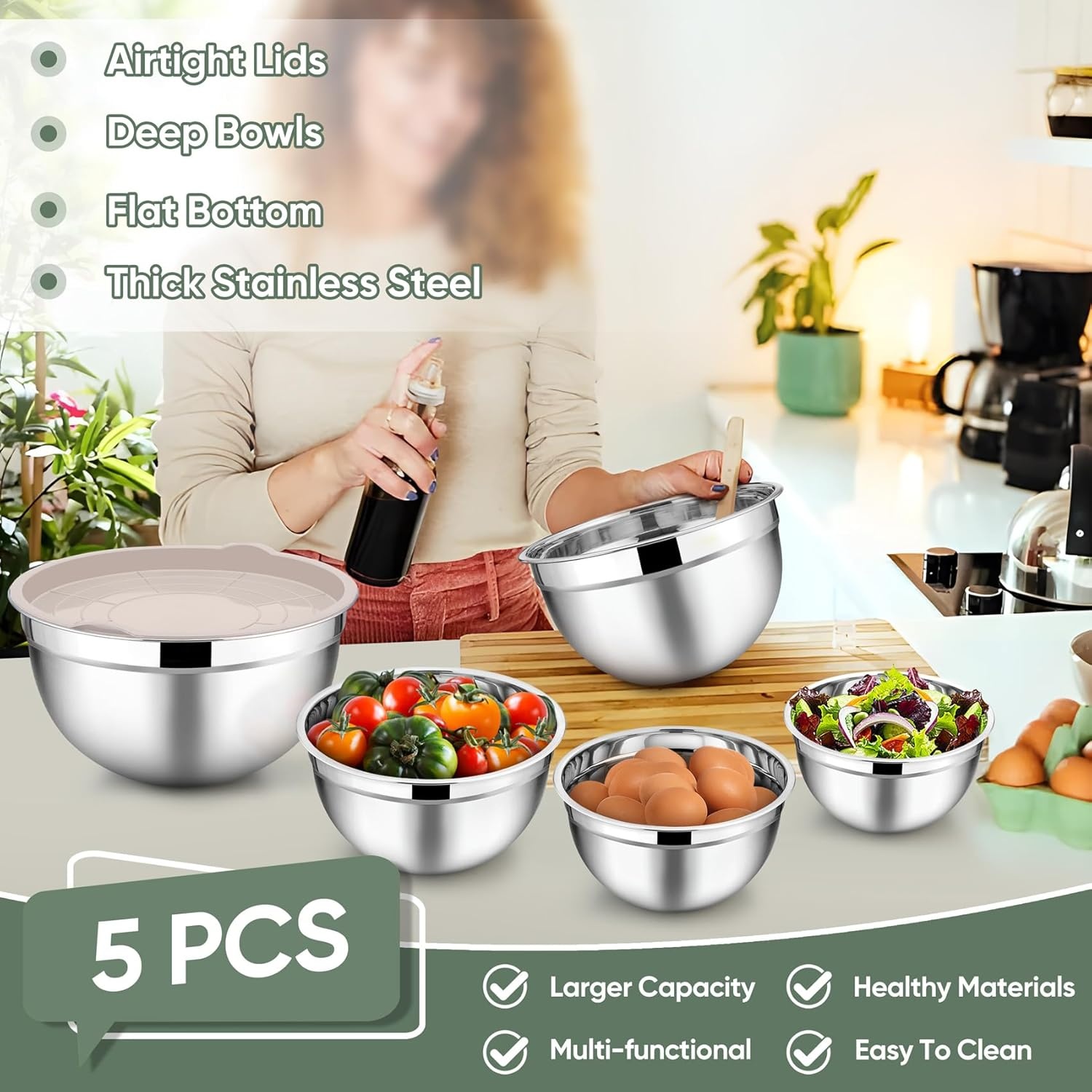 image:imageTeamFar Mixing Bowls 45315107 QT Stainless Steel Metal Nesting Salad Bowl with Lid Set Ideal for Mixing Serving NonToxic amp Sturdy Airtight Lid amp Easy Clean RedSet of 5Khaki