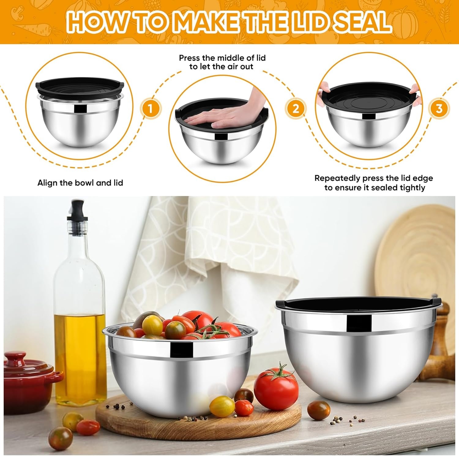 image:imageTeamFar Mixing Bowls 45315107 QT Stainless Steel Metal Nesting Salad Bowl with Lid Set Ideal for Mixing Serving NonToxic amp Sturdy Airtight Lid amp Easy Clean RedSet of 5Black