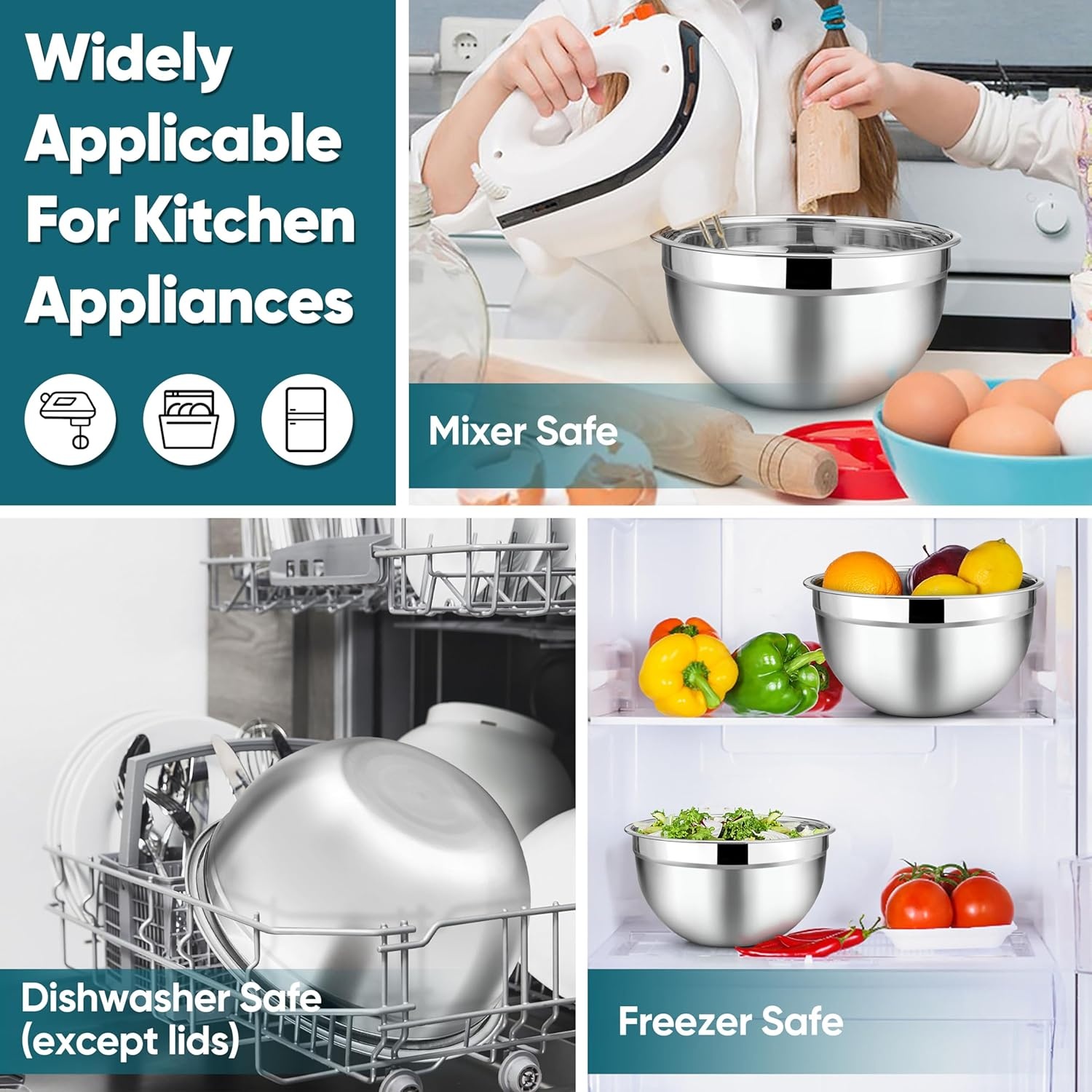 image:imageTeamFar Mixing Bowls 45315107 QT Stainless Steel Metal Nesting Salad Bowl with Lid Set Ideal for Mixing Serving NonToxic amp Sturdy Airtight Lid amp Easy Clean RedSet of 5Blue