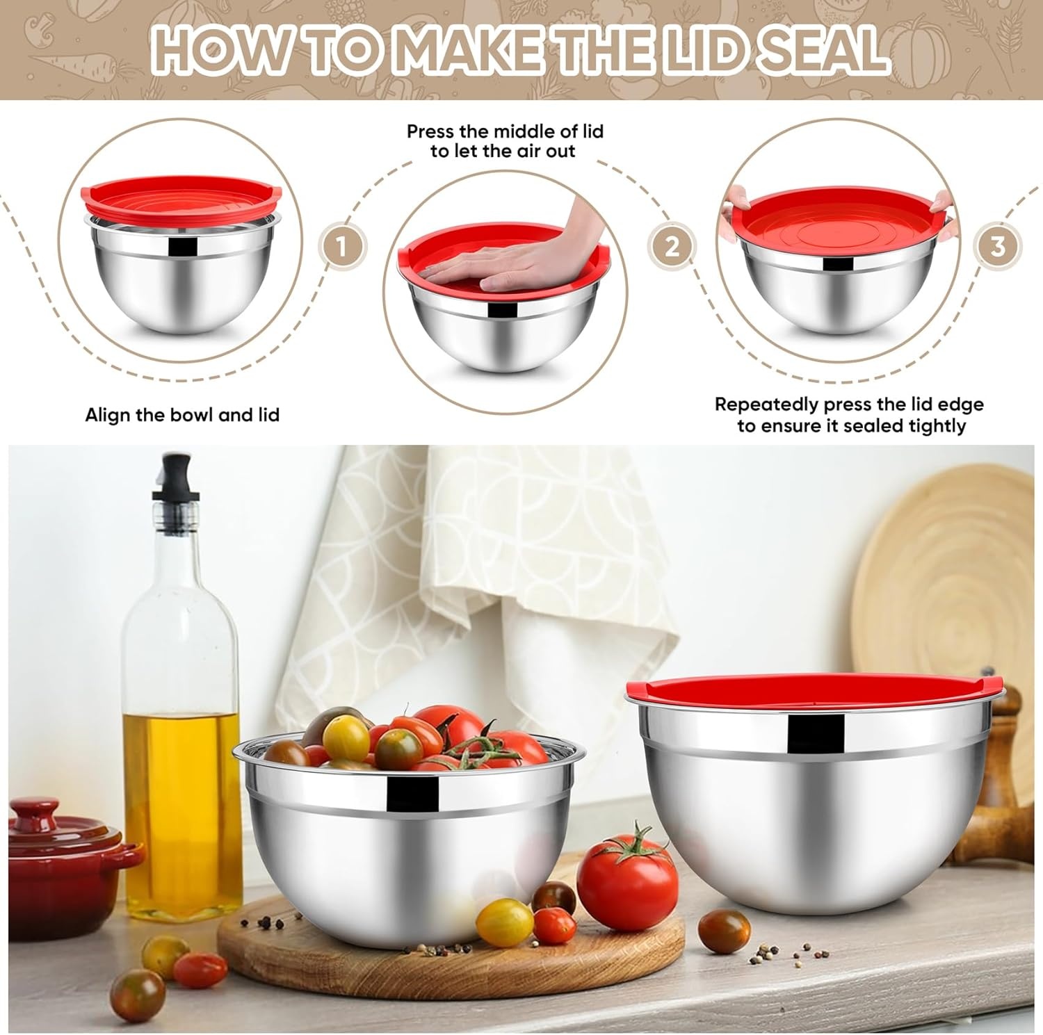image:imageTeamFar Mixing Bowls 45315107 QT Stainless Steel Metal Nesting Salad Bowl with Lid Set Ideal for Mixing Serving NonToxic amp Sturdy Airtight Lid amp Easy Clean RedSet of 5Red