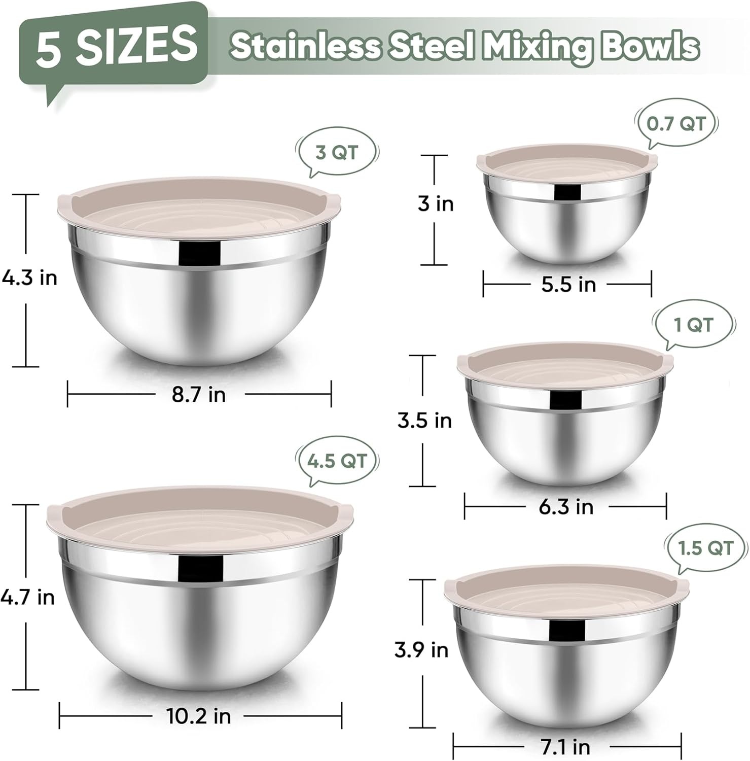 image:imageTeamFar Mixing Bowls 45315107 QT Stainless Steel Metal Nesting Salad Bowl with Lid Set Ideal for Mixing Serving NonToxic amp Sturdy Airtight Lid amp Easy Clean RedSet of 5Khaki