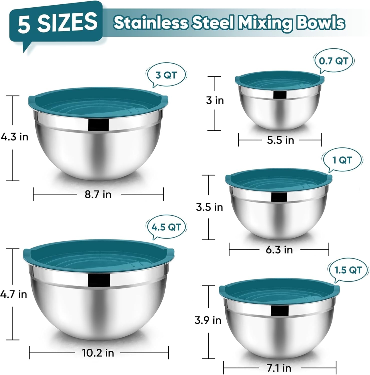 image:imageTeamFar Mixing Bowls 45315107 QT Stainless Steel Metal Nesting Salad Bowl with Lid Set Ideal for Mixing Serving NonToxic amp Sturdy Airtight Lid amp Easy Clean RedSet of 5Blue
