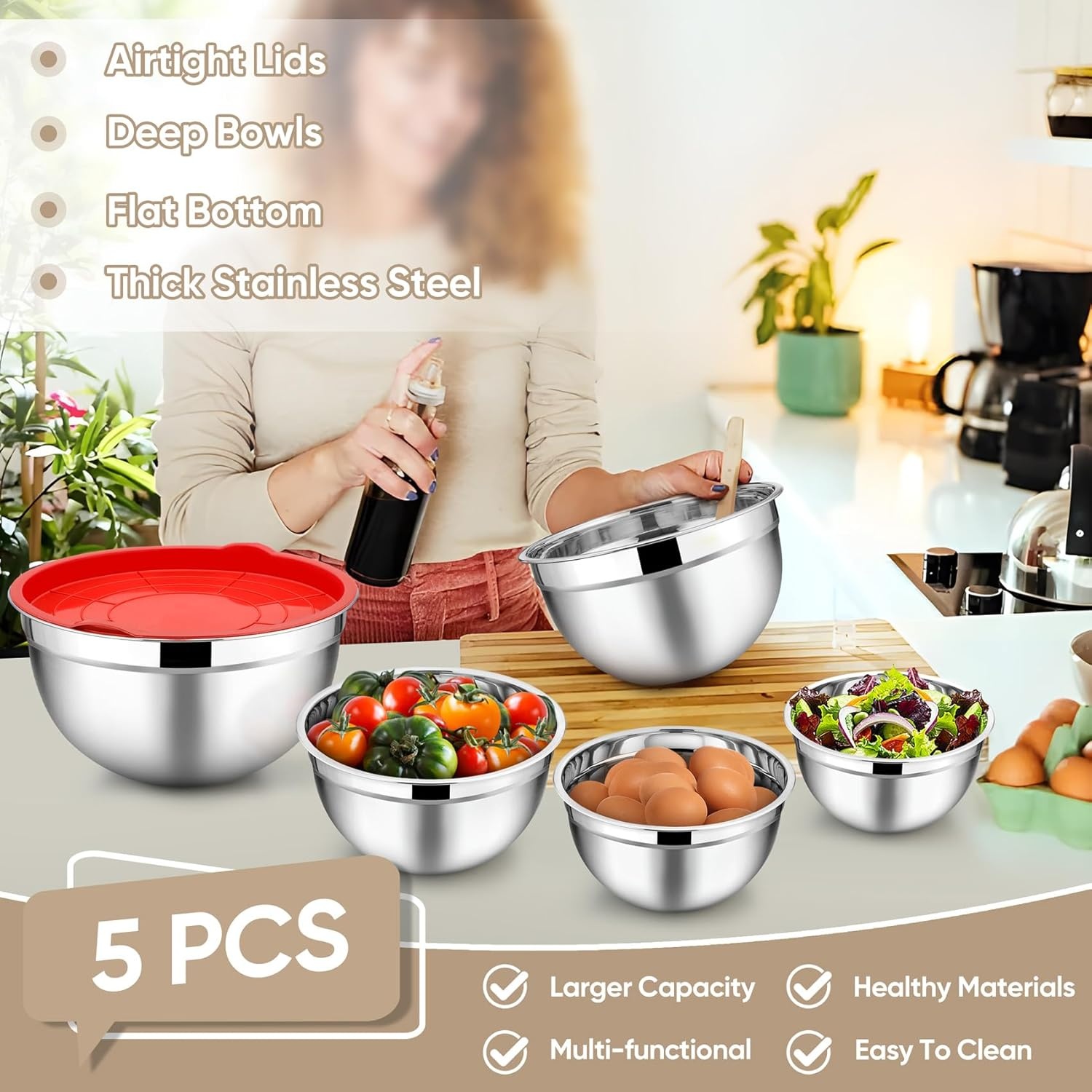 image:imageTeamFar Mixing Bowls 45315107 QT Stainless Steel Metal Nesting Salad Bowl with Lid Set Ideal for Mixing Serving NonToxic amp Sturdy Airtight Lid amp Easy Clean RedSet of 5Red