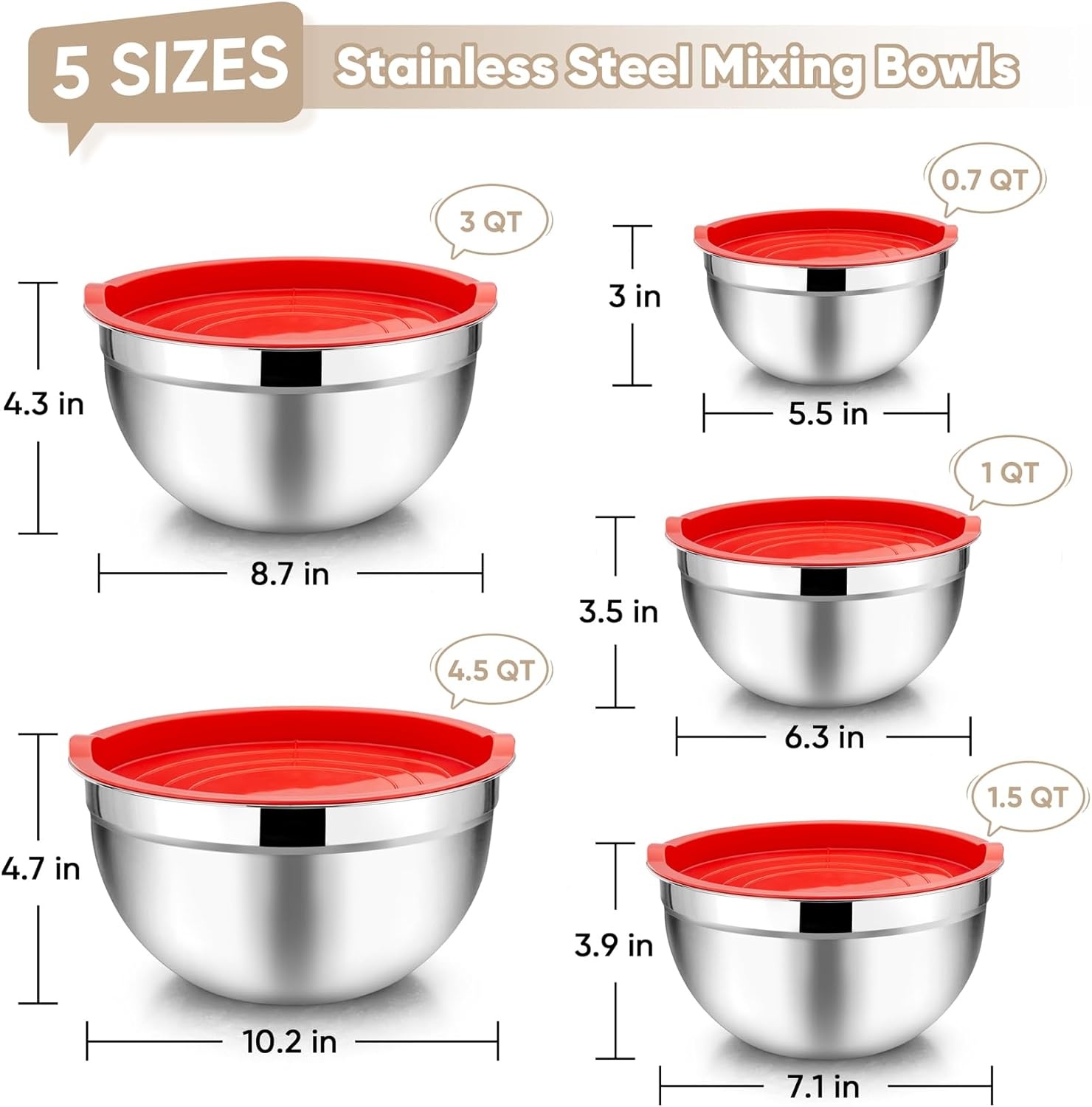 image:imageTeamFar Mixing Bowls 45315107 QT Stainless Steel Metal Nesting Salad Bowl with Lid Set Ideal for Mixing Serving NonToxic amp Sturdy Airtight Lid amp Easy Clean RedSet of 5Red
