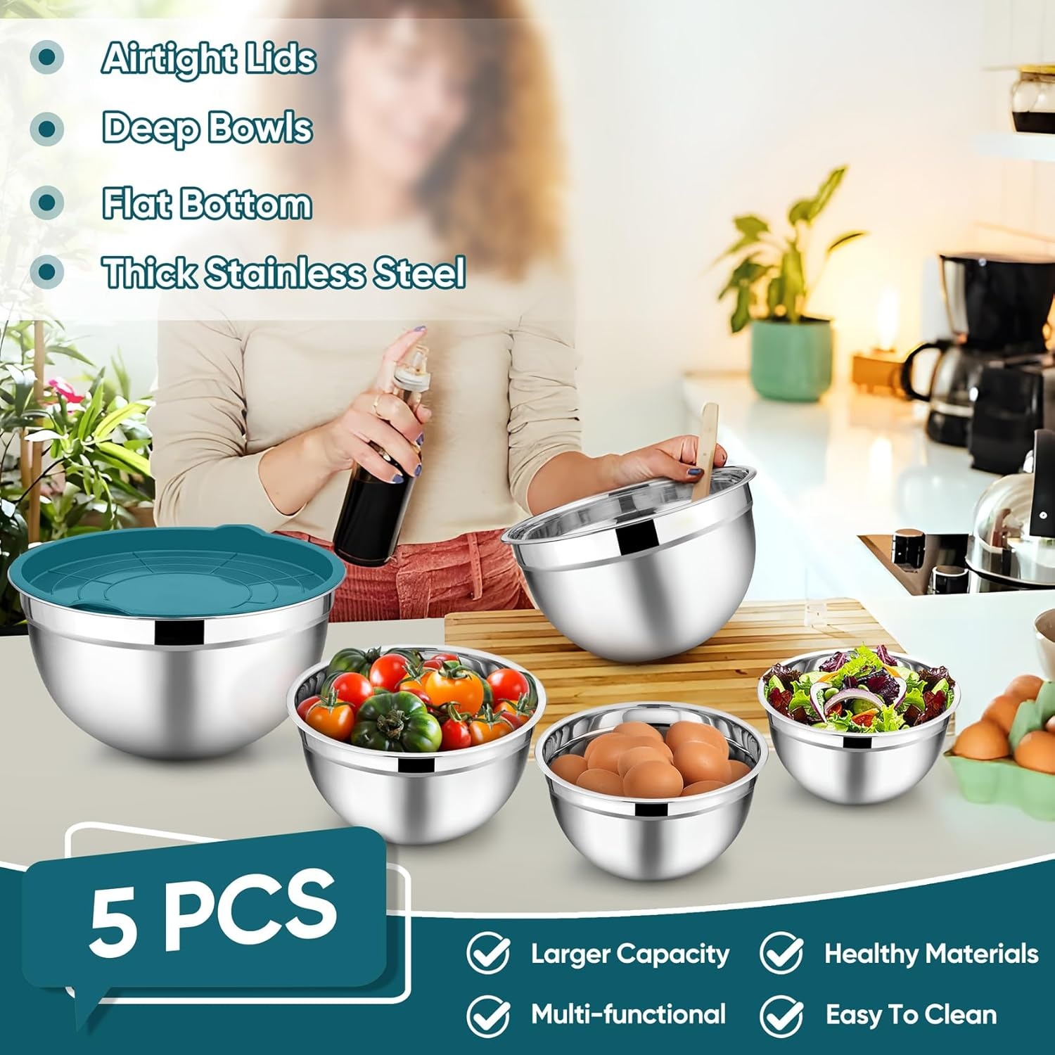 image:imageTeamFar Mixing Bowls 45315107 QT Stainless Steel Metal Nesting Salad Bowl with Lid Set Ideal for Mixing Serving NonToxic amp Sturdy Airtight Lid amp Easy Clean RedSet of 5Blue