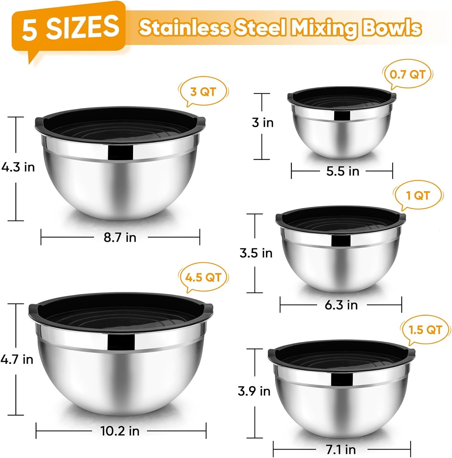 image:imageTeamFar Mixing Bowls 45315107 QT Stainless Steel Metal Nesting Salad Bowl with Lid Set Ideal for Mixing Serving NonToxic amp Sturdy Airtight Lid amp Easy Clean RedSet of 5Black