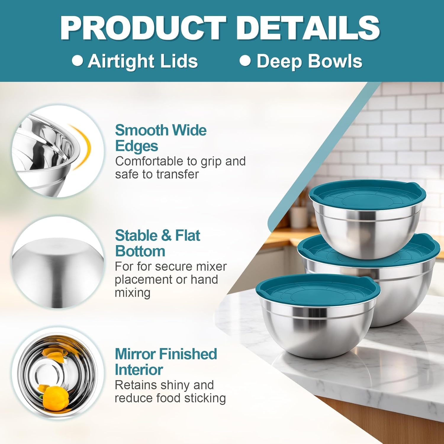 image:imageTeamFar Mixing Bowls Stainless Steel Nesting Salad Bowls with Airtight Lids Set For ServingMixingStoring Healthy amp Heavyduty Dishwasher Safe amp Easy Clean 463 15 QT Navy BlueNavy Blue