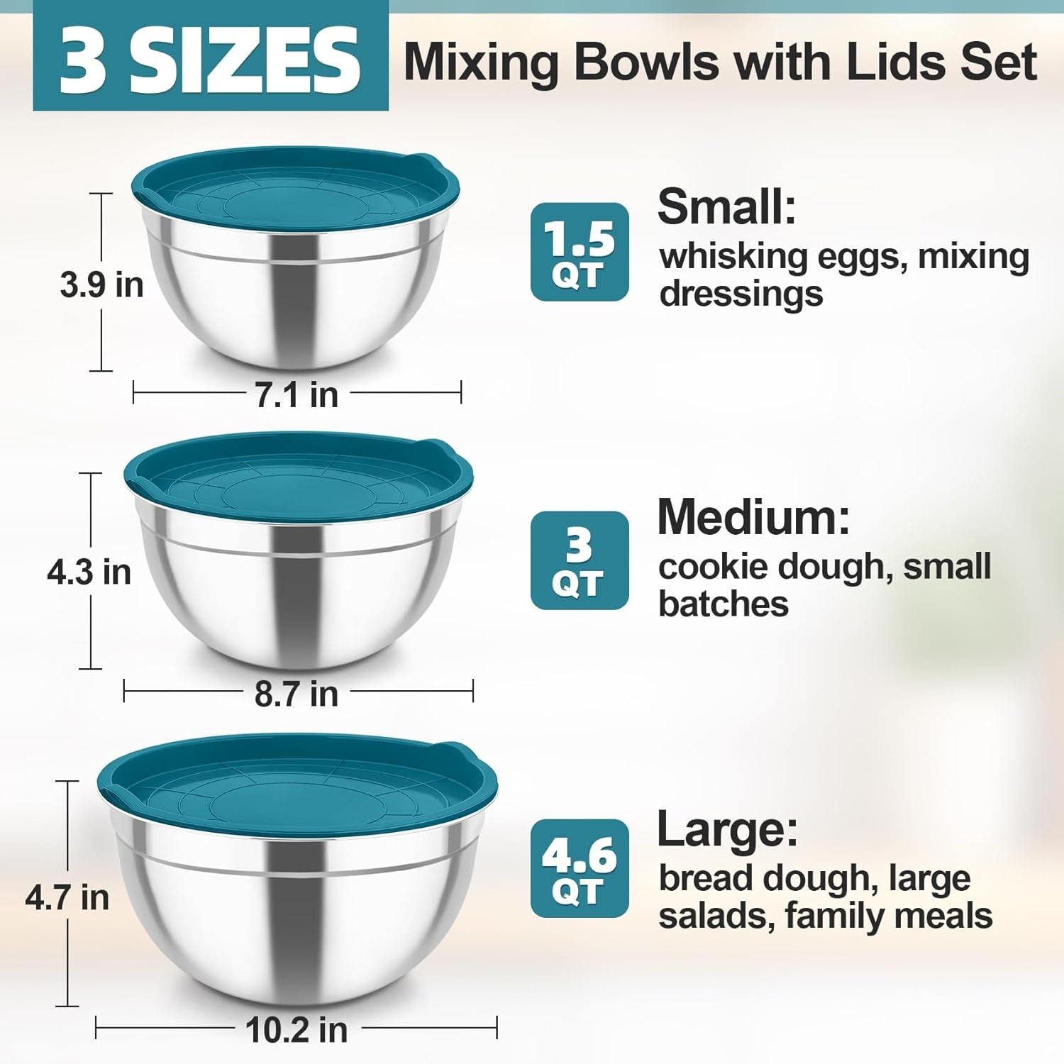 image:imageTeamFar Mixing Bowls Stainless Steel Nesting Salad Bowls with Airtight Lids Set For ServingMixingStoring Healthy amp Heavyduty Dishwasher Safe amp Easy Clean 463 15 QT Navy BlueNavy Blue