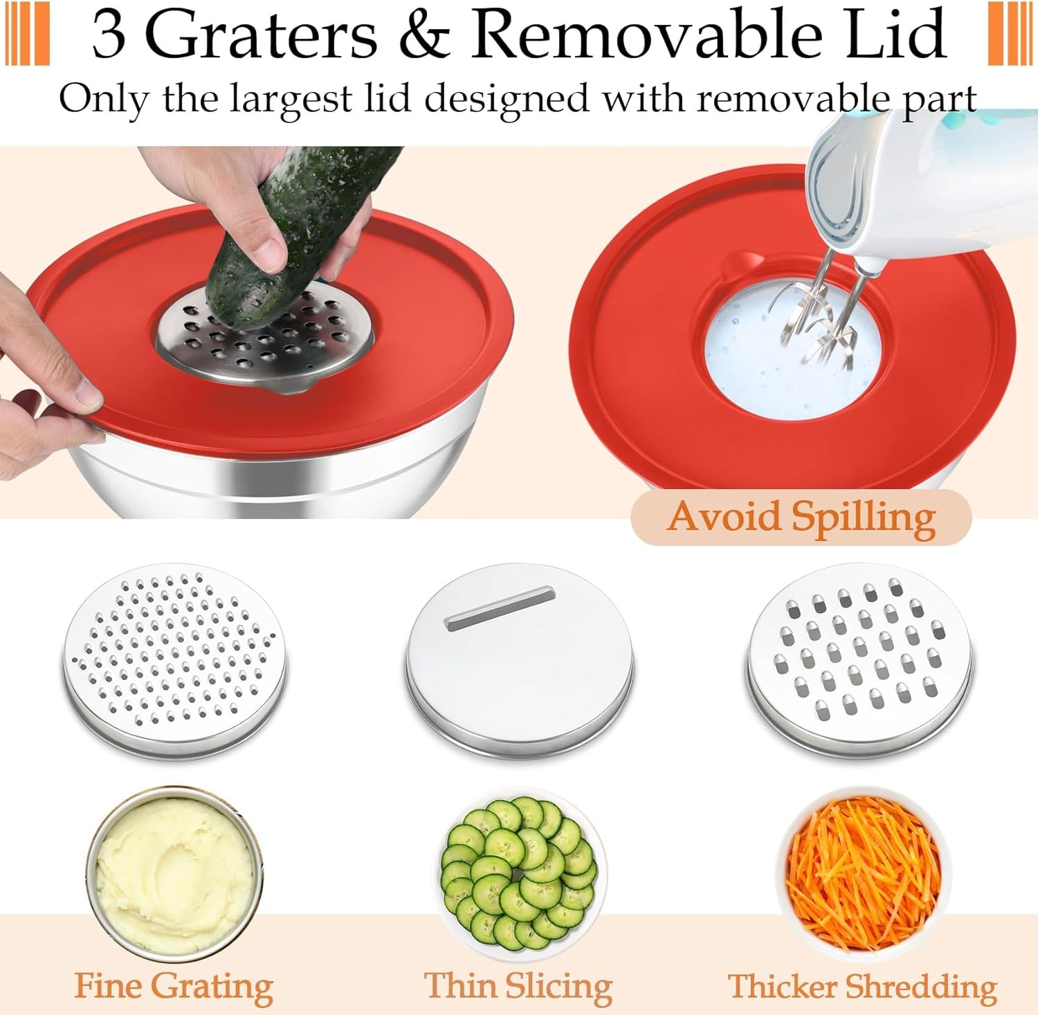 image:imageTeamFar Mixing Bowls Stainless Steel Nesting Salad Bowls with Lids Set of 3 amp 3 Grater Attachments For MixingServingStoring Nontoxic amp Longlasting Size 463 15 QT BlackMulticolor