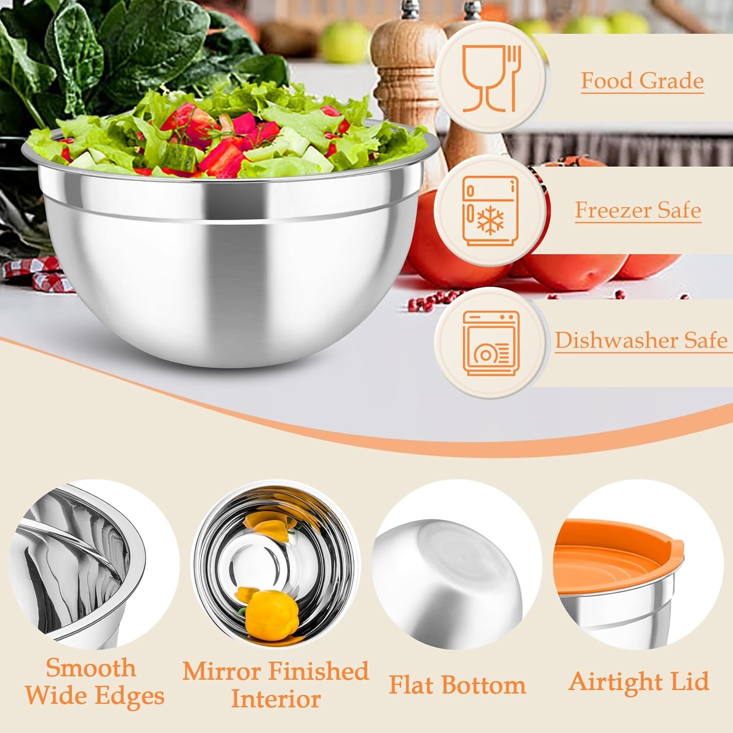 image:imageTeamFar Mixing Bowls Stainless Steel Nesting Salad Bowls with Lids Set of 3 amp 3 Grater Attachments For MixingServingStoring Nontoxic amp Longlasting Size 463 15 QT BlackMulticolor