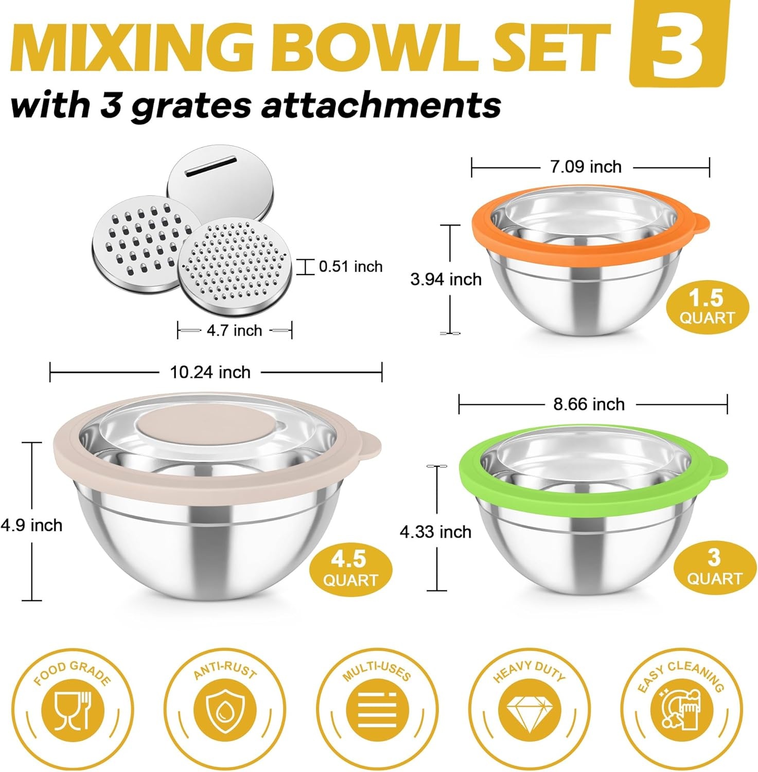 image:imageTeamFar Mixing Bowls Stainless Steel Nesting Salad Bowls with Lids Set of 3 amp 3 Grater Attachments For MixingServingStoring Nontoxic amp Longlasting Size 463 15 QT BlackMulticolor