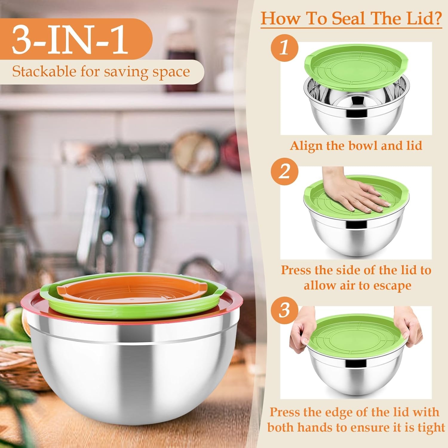 image:imageTeamFar Mixing Bowls Stainless Steel Nesting Salad Bowls with Lids Set of 3 amp 3 Grater Attachments For MixingServingStoring Nontoxic amp Longlasting Size 463 15 QT BlackMulticolor