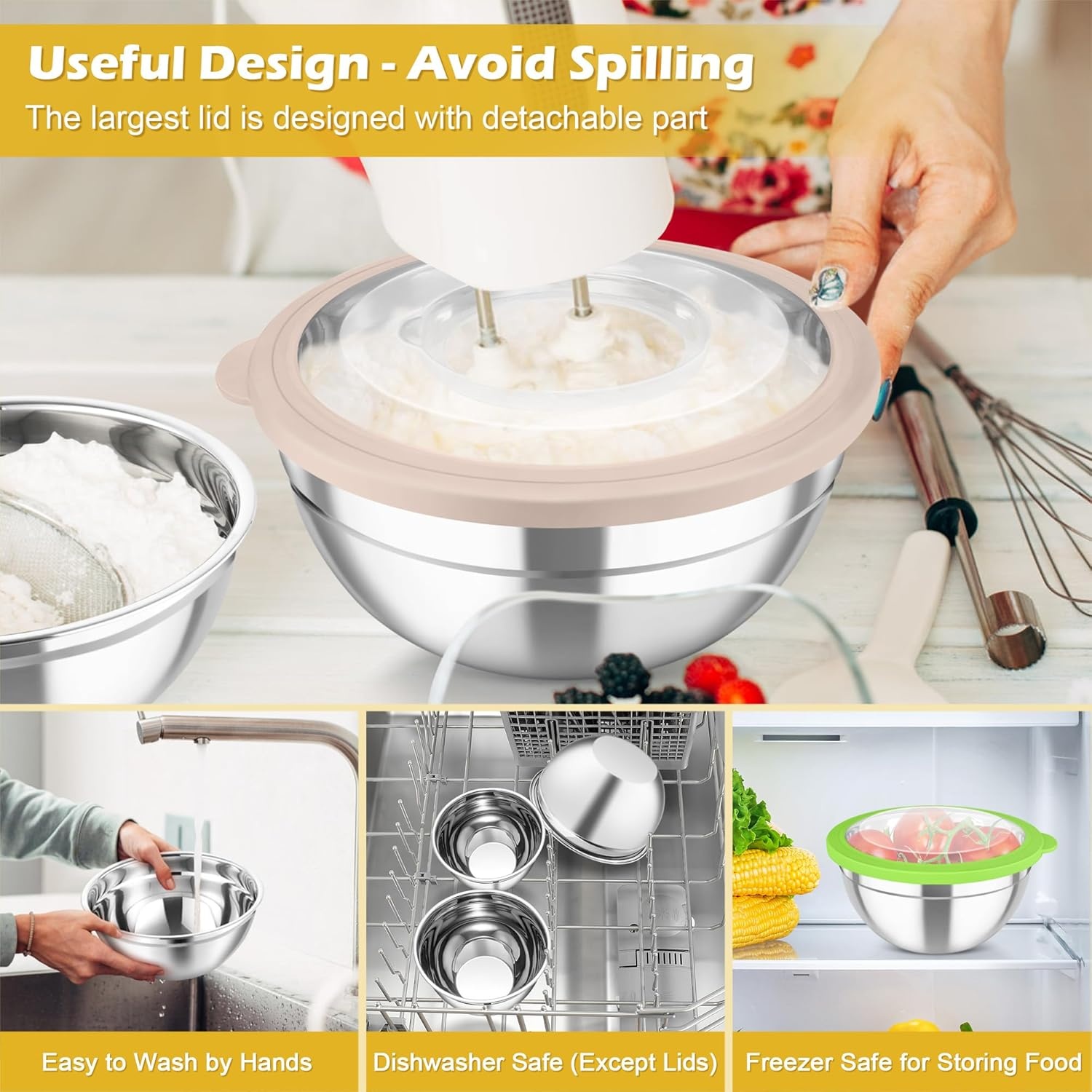 image:imageTeamFar Mixing Bowls Stainless Steel Nesting Salad Bowls with Lids Set of 3 amp 3 Grater Attachments For MixingServingStoring Nontoxic amp Longlasting Size 463 15 QT BlackMulticolor