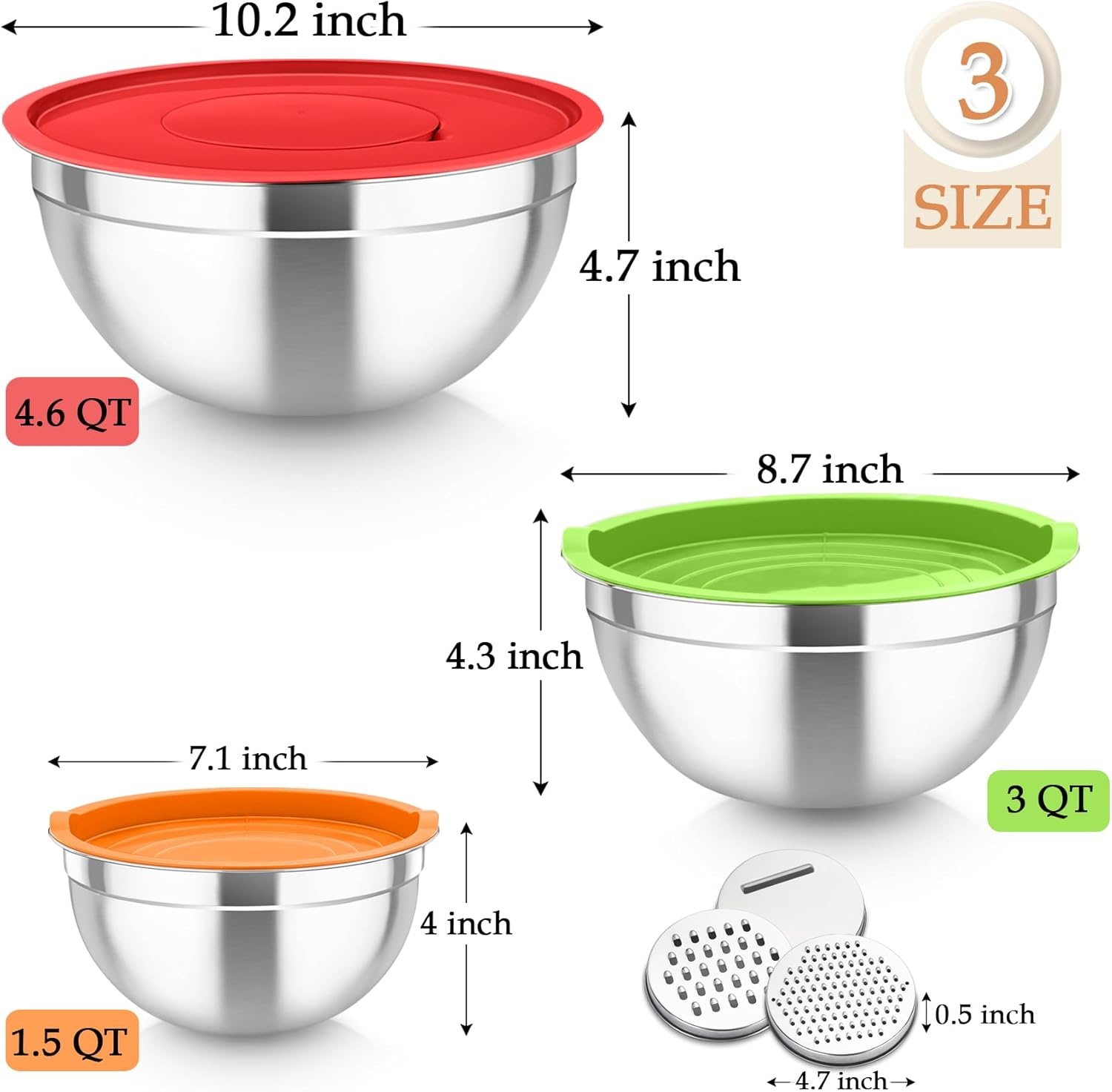 image:imageTeamFar Mixing Bowls Stainless Steel Nesting Salad Bowls with Lids Set of 3 amp 3 Grater Attachments For MixingServingStoring Nontoxic amp Longlasting Size 463 15 QT BlackMulticolor