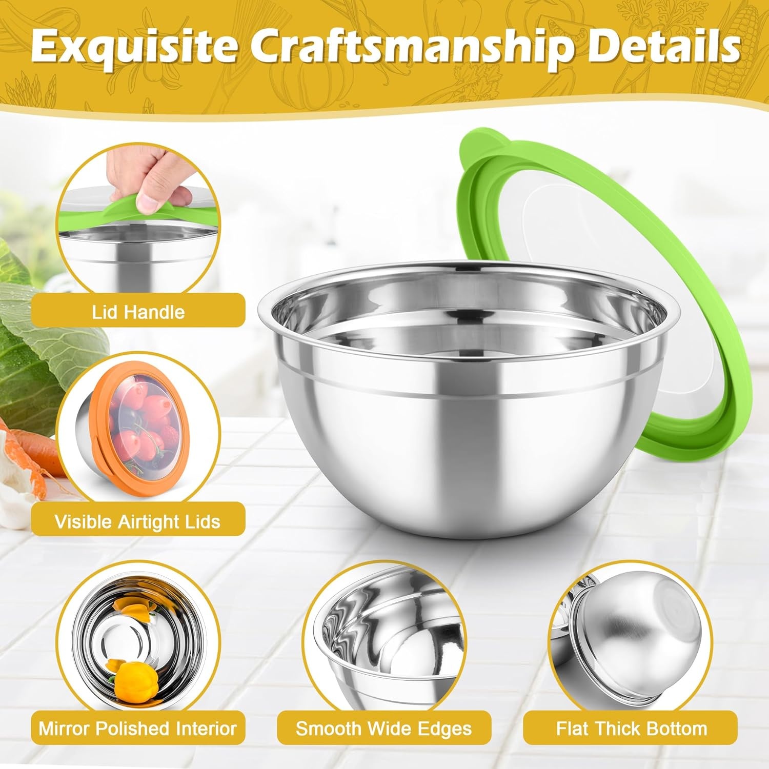 image:imageTeamFar Mixing Bowls Stainless Steel Nesting Salad Bowls with Lids Set of 3 amp 3 Grater Attachments For MixingServingStoring Nontoxic amp Longlasting Size 463 15 QT BlackMulticolor