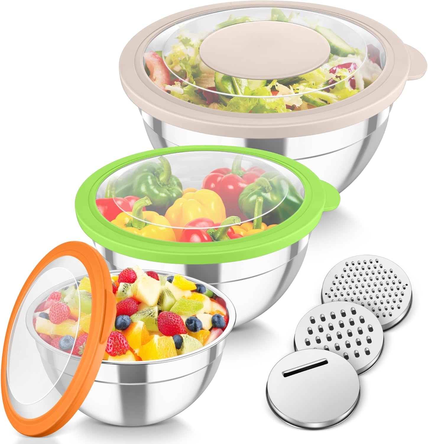 image:imageTeamFar Mixing Bowls Stainless Steel Nesting Salad Bowls with Lids Set of 3 amp 3 Grater Attachments For MixingServingStoring Nontoxic amp Longlasting Size 463 15 QT BlackMulticolor