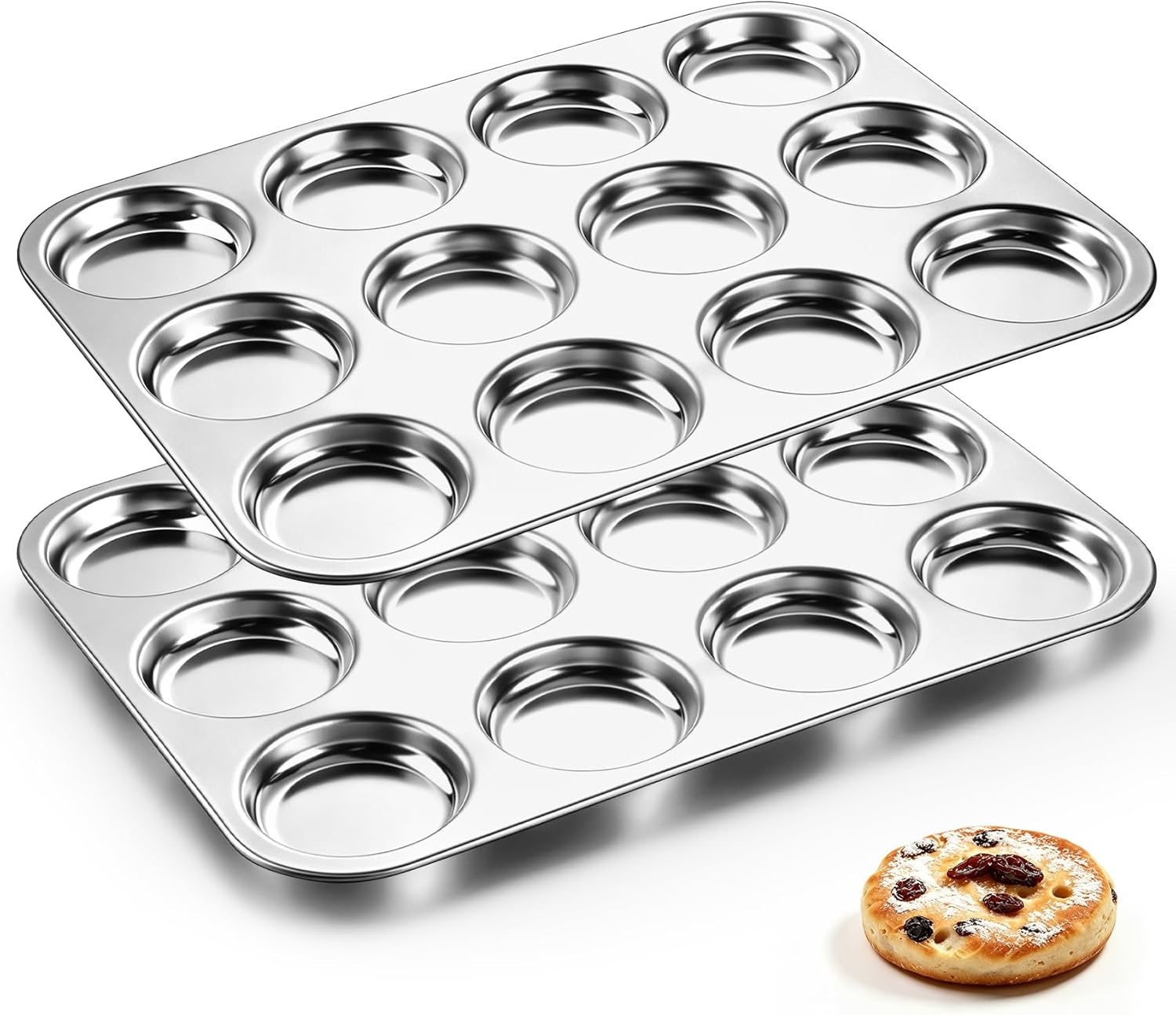 image:imageTeamFar Muffin Top Pan 2 PCS 6 Cavity Stainless Steel Shallow Cupcake Pan Muffin Tin for Baking Yorkshire Pudding Whoopie Pie Egg Bite Hamburger Bun Non Toxic amp Dishwasher Safe2