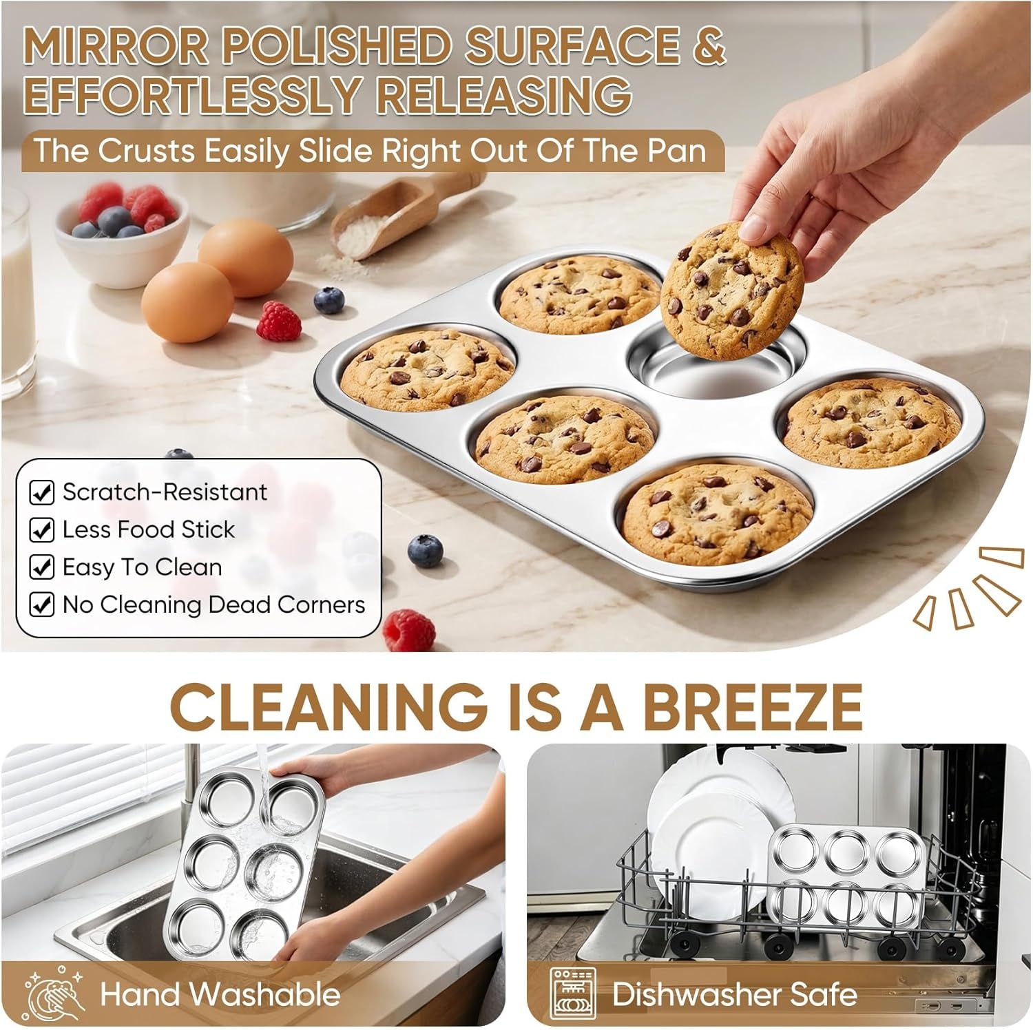 image:imageTeamFar Muffin Top Pan 2 PCS 6 Cavity Stainless Steel Shallow Cupcake Pan Muffin Tin for Baking Yorkshire Pudding Whoopie Pie Egg Bite Hamburger Bun Non Toxic amp Dishwasher Safe1