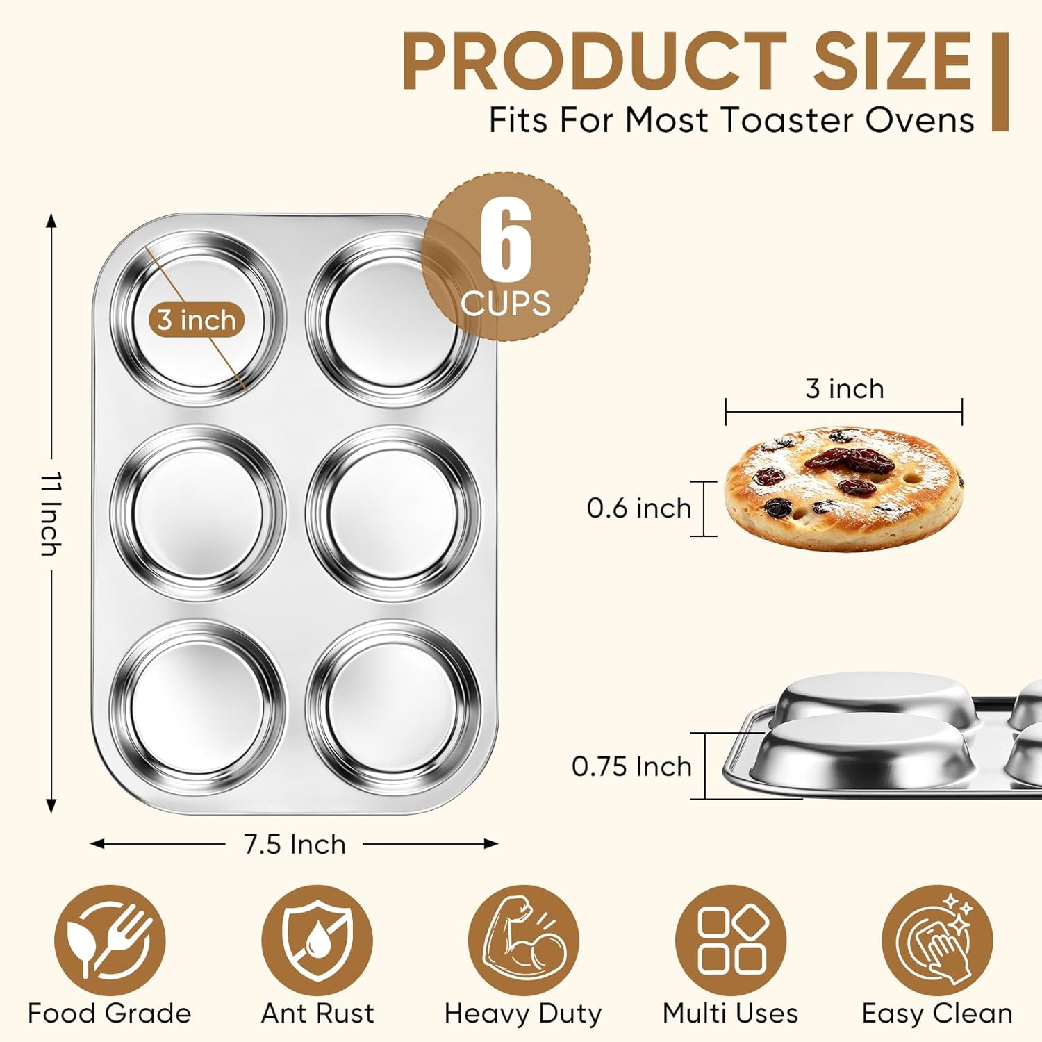 image:imageTeamFar Muffin Top Pan 2 PCS 6 Cavity Stainless Steel Shallow Cupcake Pan Muffin Tin for Baking Yorkshire Pudding Whoopie Pie Egg Bite Hamburger Bun Non Toxic amp Dishwasher Safe1