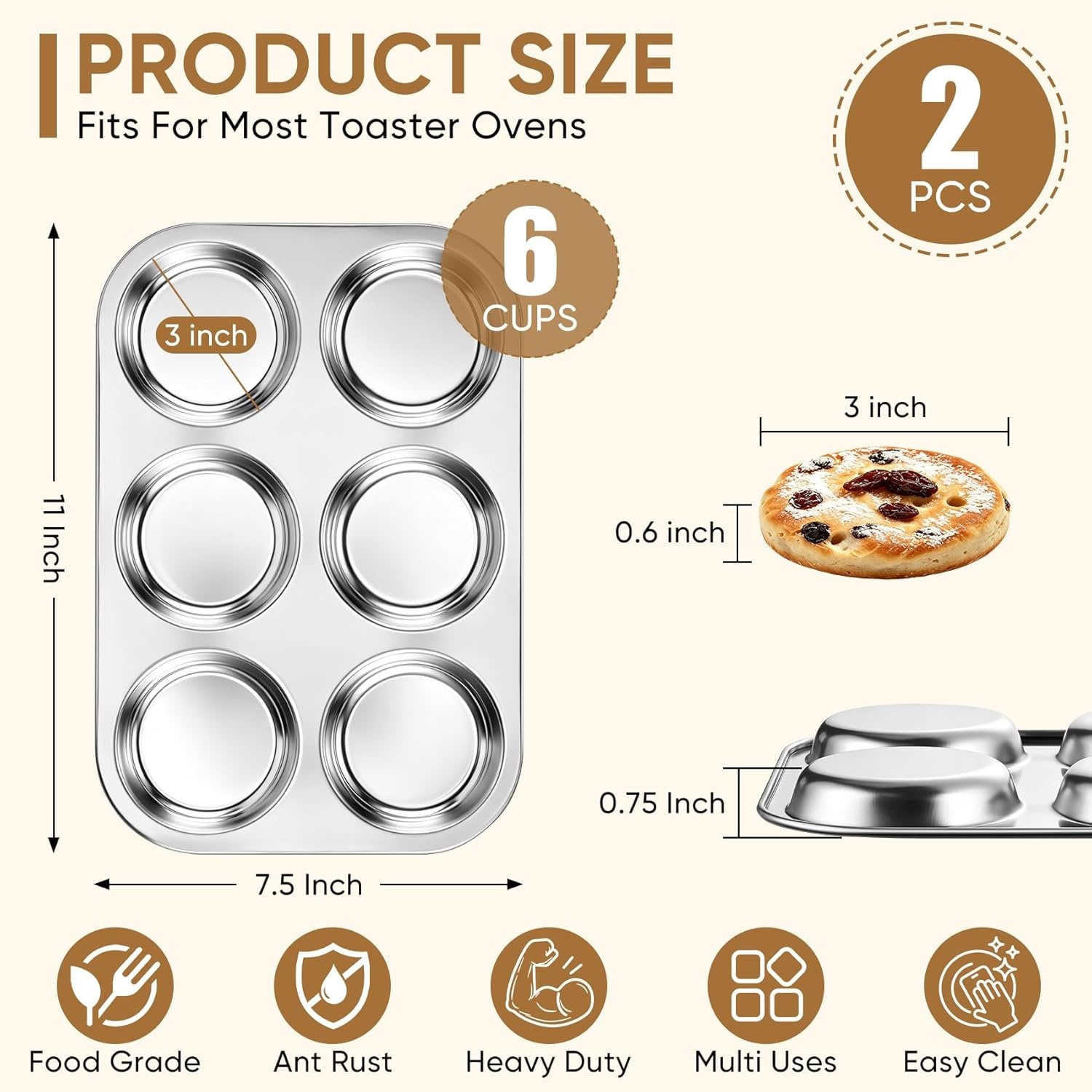 image:imageTeamFar Muffin Top Pan 2 PCS 6 Cavity Stainless Steel Shallow Cupcake Pan Muffin Tin for Baking Yorkshire Pudding Whoopie Pie Egg Bite Hamburger Bun Non Toxic amp Dishwasher Safe2