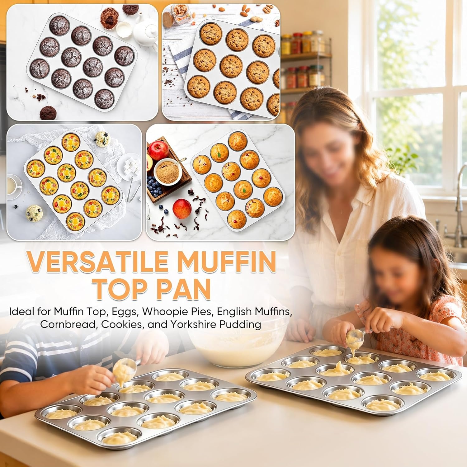 image:imageTeamFar Muffin Top Pan 2 PCS 6 Cavity Stainless Steel Shallow Cupcake Pan Muffin Tin for Baking Yorkshire Pudding Whoopie Pie Egg Bite Hamburger Bun Non Toxic amp Dishwasher Safe1