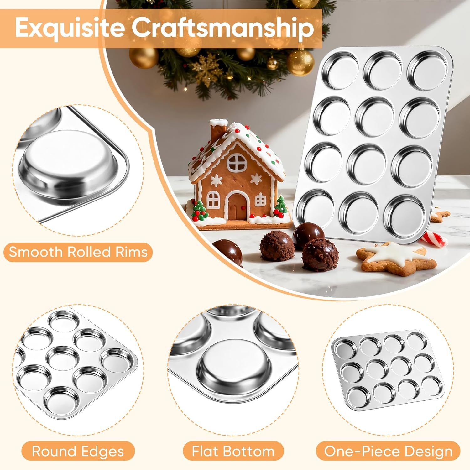 image:imageTeamFar Muffin Top Pan 2 PCS 6 Cavity Stainless Steel Shallow Cupcake Pan Muffin Tin for Baking Yorkshire Pudding Whoopie Pie Egg Bite Hamburger Bun Non Toxic amp Dishwasher Safe2