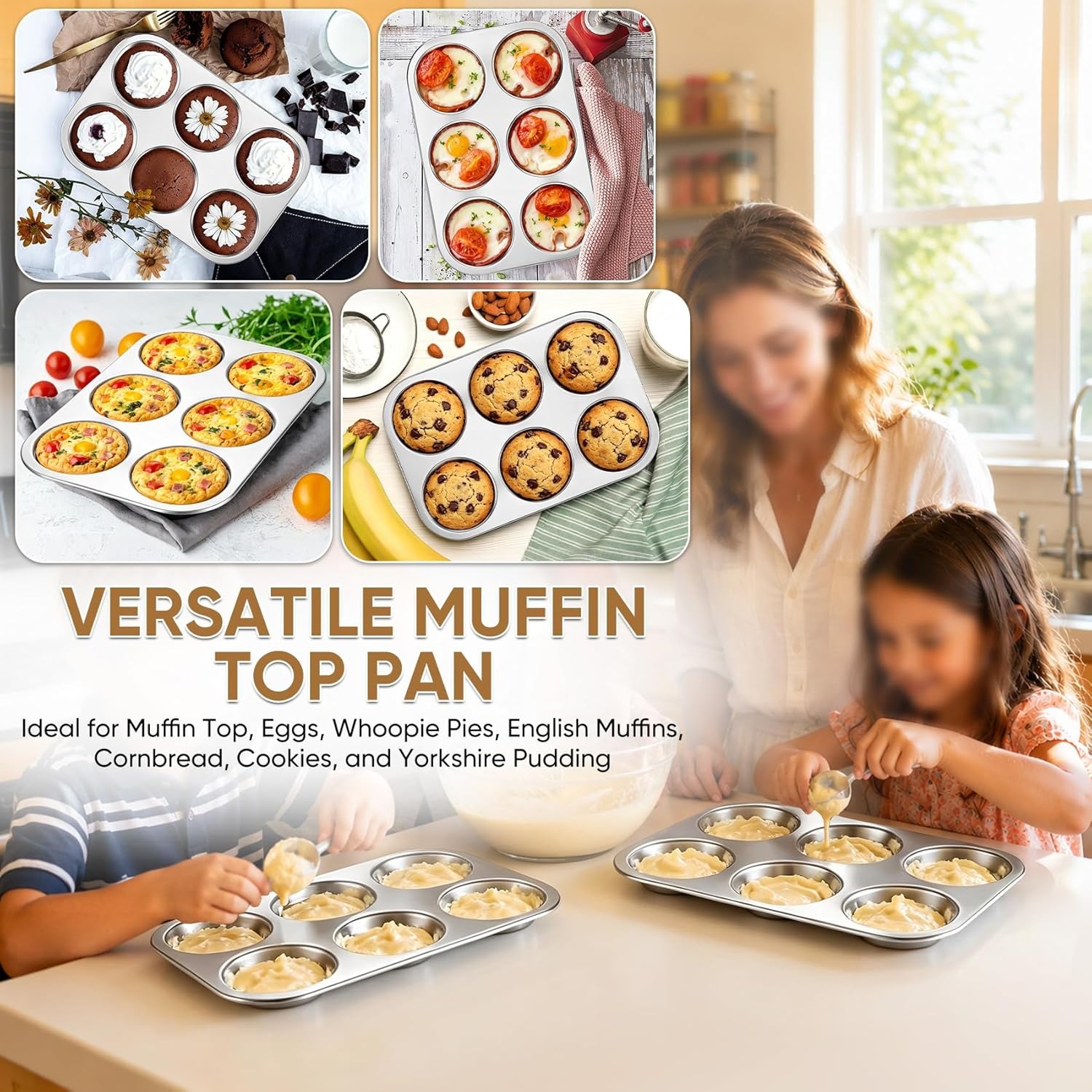 image:imageTeamFar Muffin Top Pan 2 PCS 6 Cavity Stainless Steel Shallow Cupcake Pan Muffin Tin for Baking Yorkshire Pudding Whoopie Pie Egg Bite Hamburger Bun Non Toxic amp Dishwasher Safe1