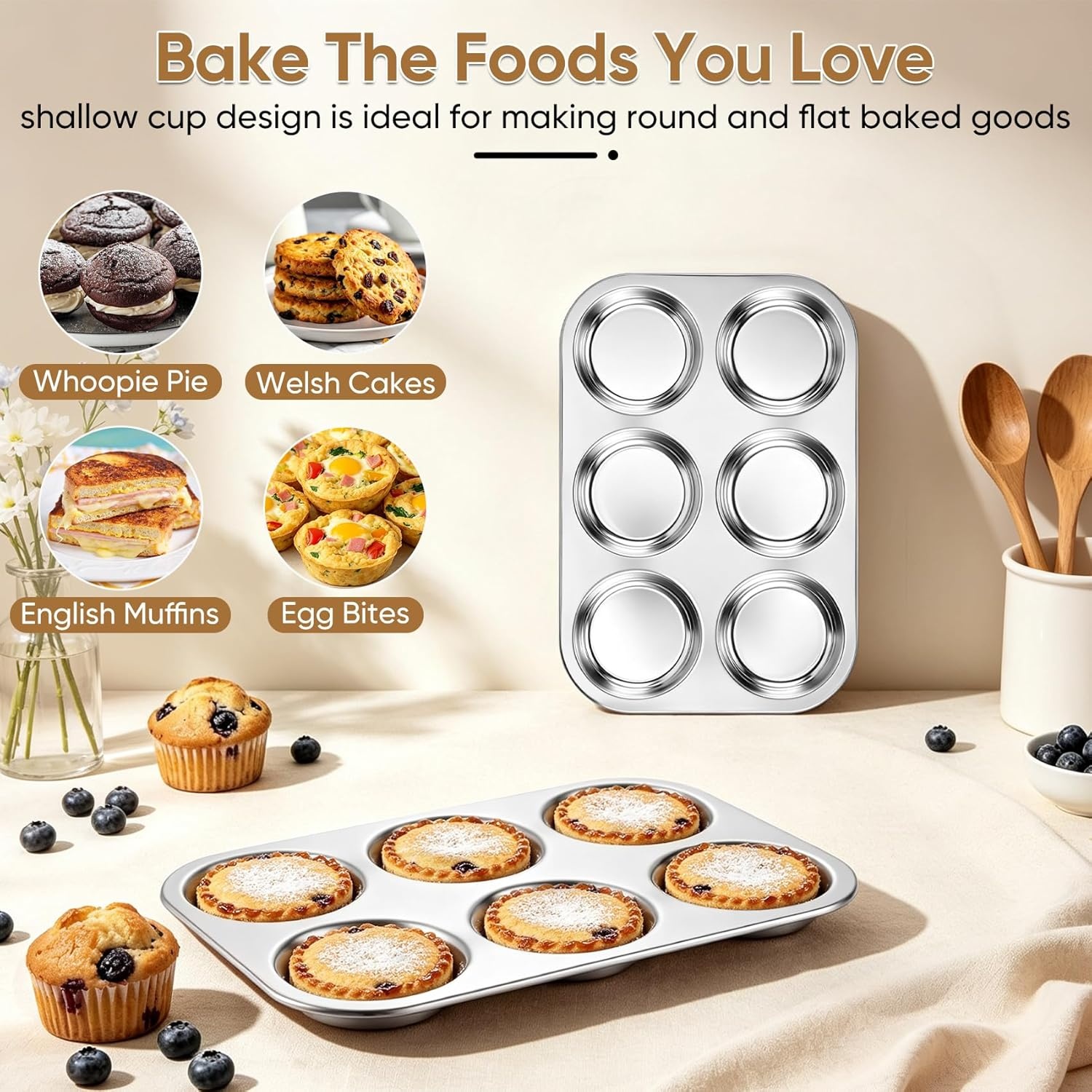 image:imageTeamFar Muffin Top Pan 2 PCS 6 Cavity Stainless Steel Shallow Cupcake Pan Muffin Tin for Baking Yorkshire Pudding Whoopie Pie Egg Bite Hamburger Bun Non Toxic amp Dishwasher Safe1