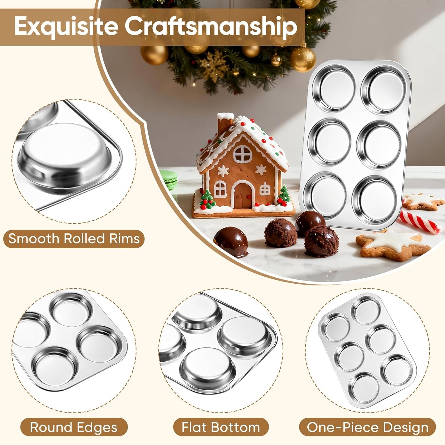 image:imageTeamFar Muffin Top Pan 2 PCS 6 Cavity Stainless Steel Shallow Cupcake Pan Muffin Tin for Baking Yorkshire Pudding Whoopie Pie Egg Bite Hamburger Bun Non Toxic amp Dishwasher Safe2