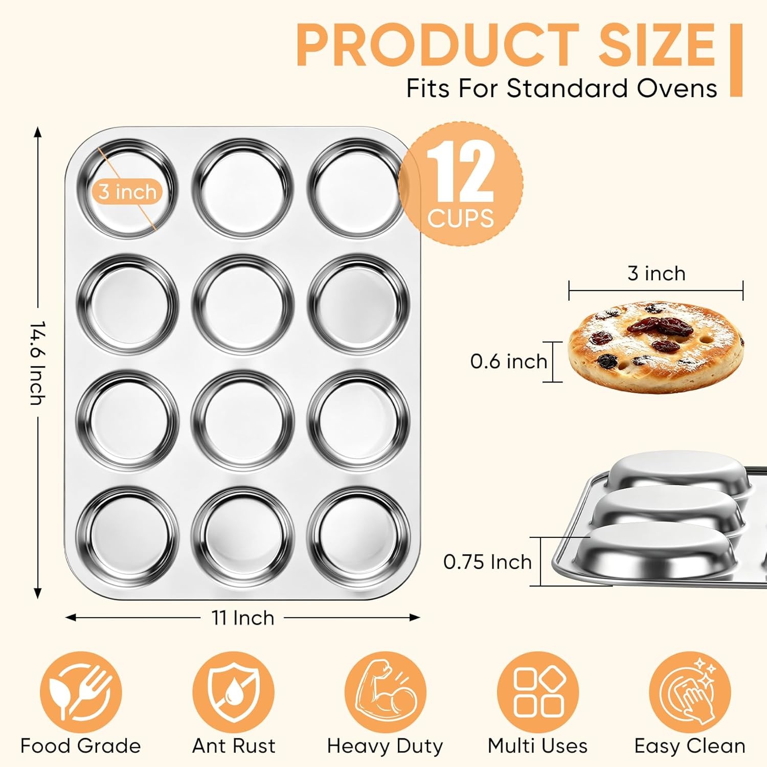 image:imageTeamFar Muffin Top Pan 2 PCS 6 Cavity Stainless Steel Shallow Cupcake Pan Muffin Tin for Baking Yorkshire Pudding Whoopie Pie Egg Bite Hamburger Bun Non Toxic amp Dishwasher Safe1