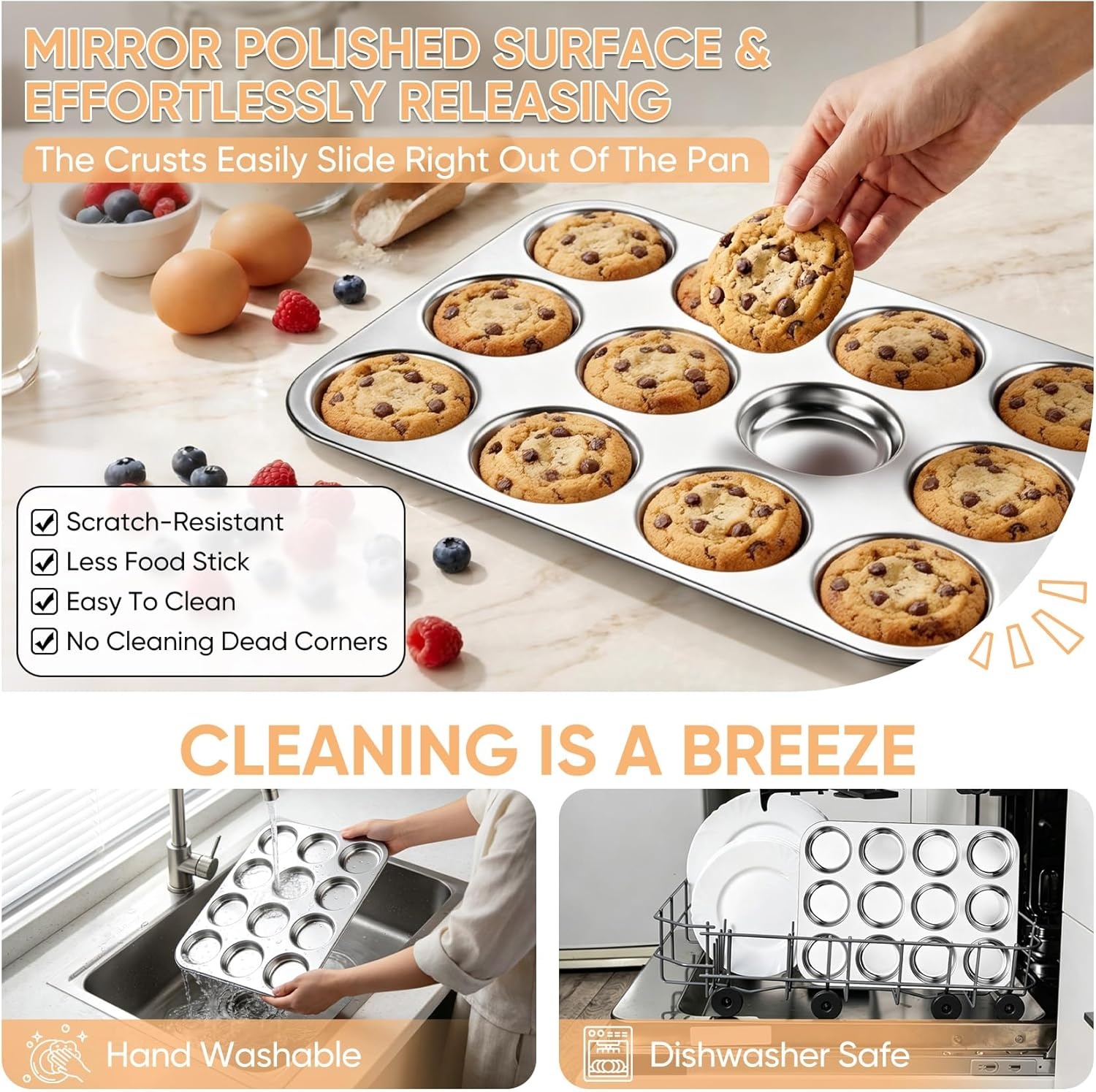 image:imageTeamFar Muffin Top Pan 2 PCS 6 Cavity Stainless Steel Shallow Cupcake Pan Muffin Tin for Baking Yorkshire Pudding Whoopie Pie Egg Bite Hamburger Bun Non Toxic amp Dishwasher Safe1