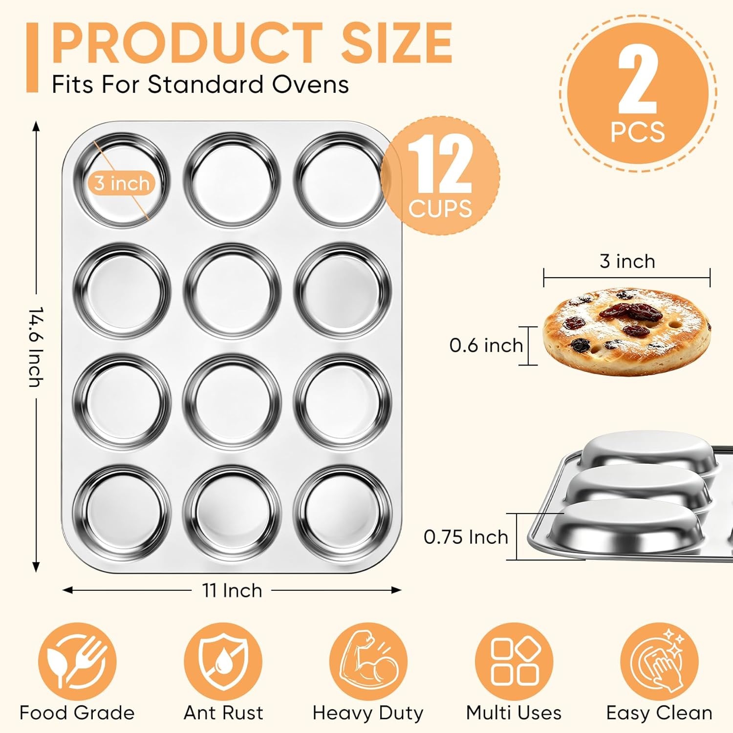 image:imageTeamFar Muffin Top Pan 2 PCS 6 Cavity Stainless Steel Shallow Cupcake Pan Muffin Tin for Baking Yorkshire Pudding Whoopie Pie Egg Bite Hamburger Bun Non Toxic amp Dishwasher Safe2