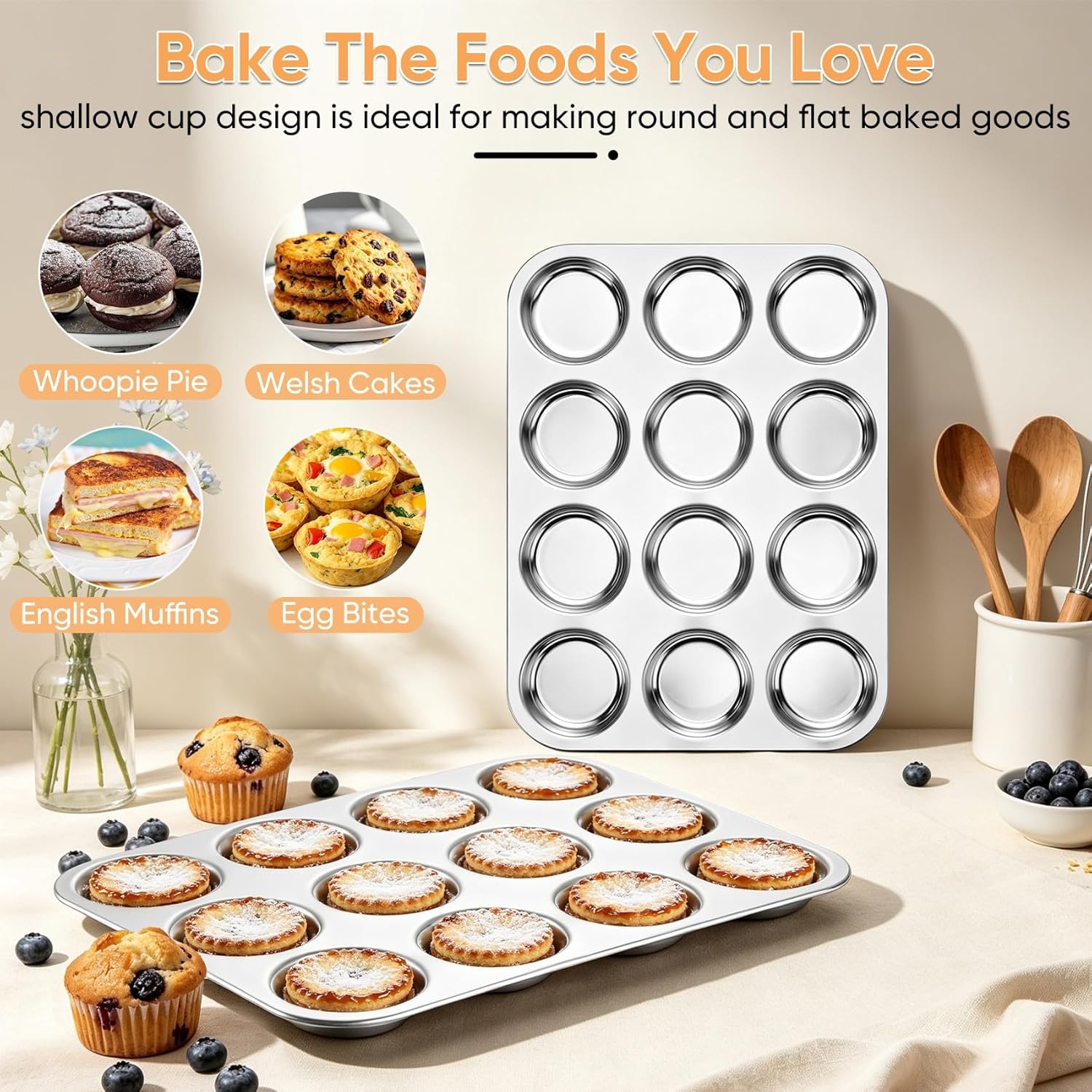 image:imageTeamFar Muffin Top Pan 2 PCS 6 Cavity Stainless Steel Shallow Cupcake Pan Muffin Tin for Baking Yorkshire Pudding Whoopie Pie Egg Bite Hamburger Bun Non Toxic amp Dishwasher Safe1