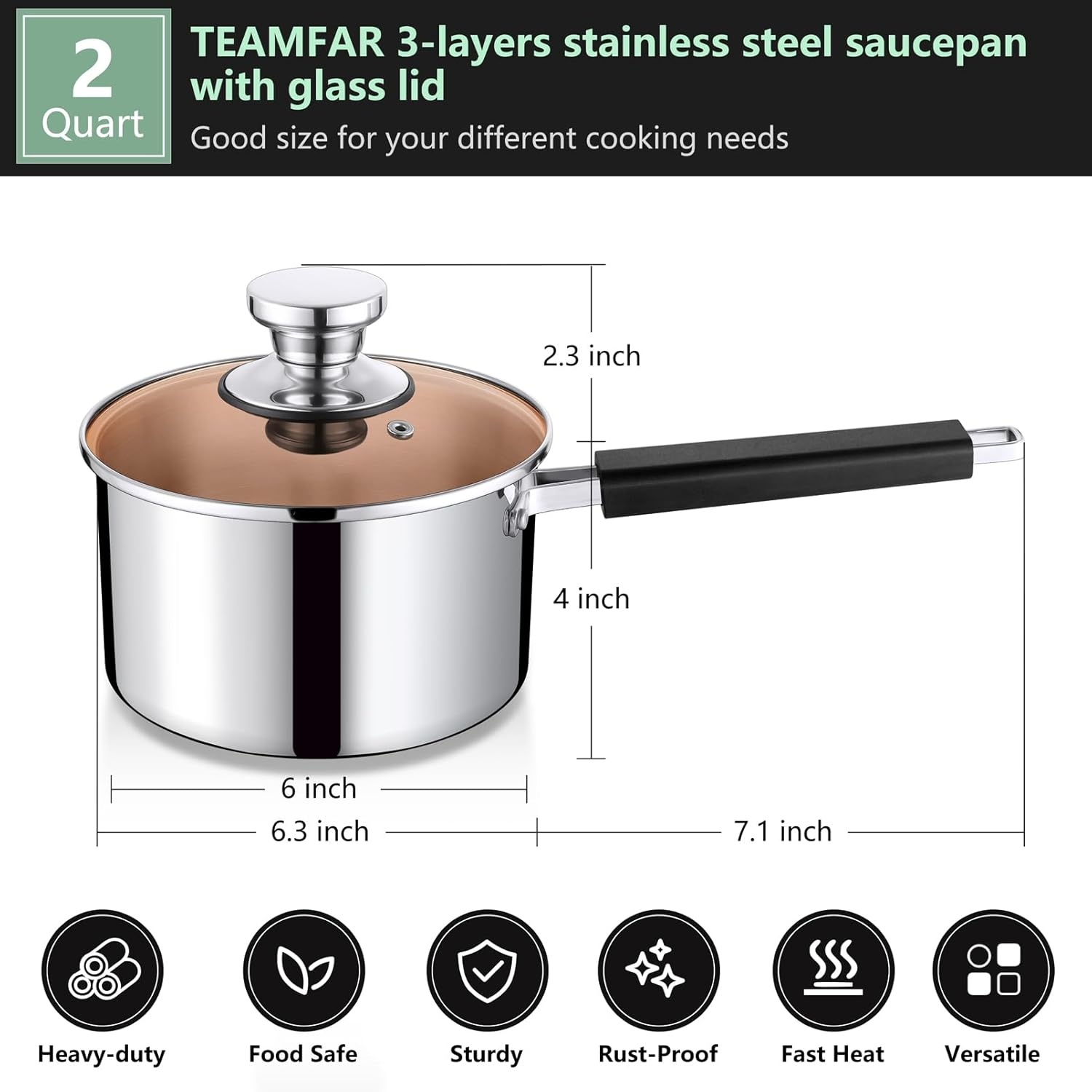 image:imageTeamFar Saucepan with Lid 2 Quart Stainless Steel TriPly Sauce Milk Pan with Heatproof Handle for CookingBoilingBraising Fit for All Stoves Healthy amp Heavy Duty Dishwasher Safe2 Quarts