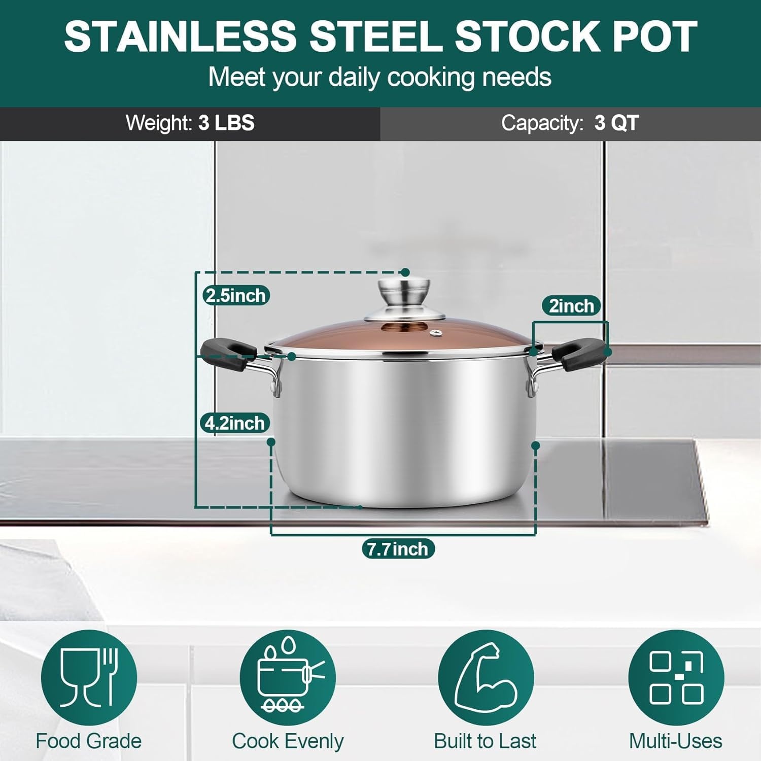 image:imageTeamFar Stock Pot 4qt Stainless Steel Stock Soup Pasta Pot with Lid Double Heatproof Handles Non Toxic amp Healthy Easy Clean amp Dishwasher Safe3 Quarts