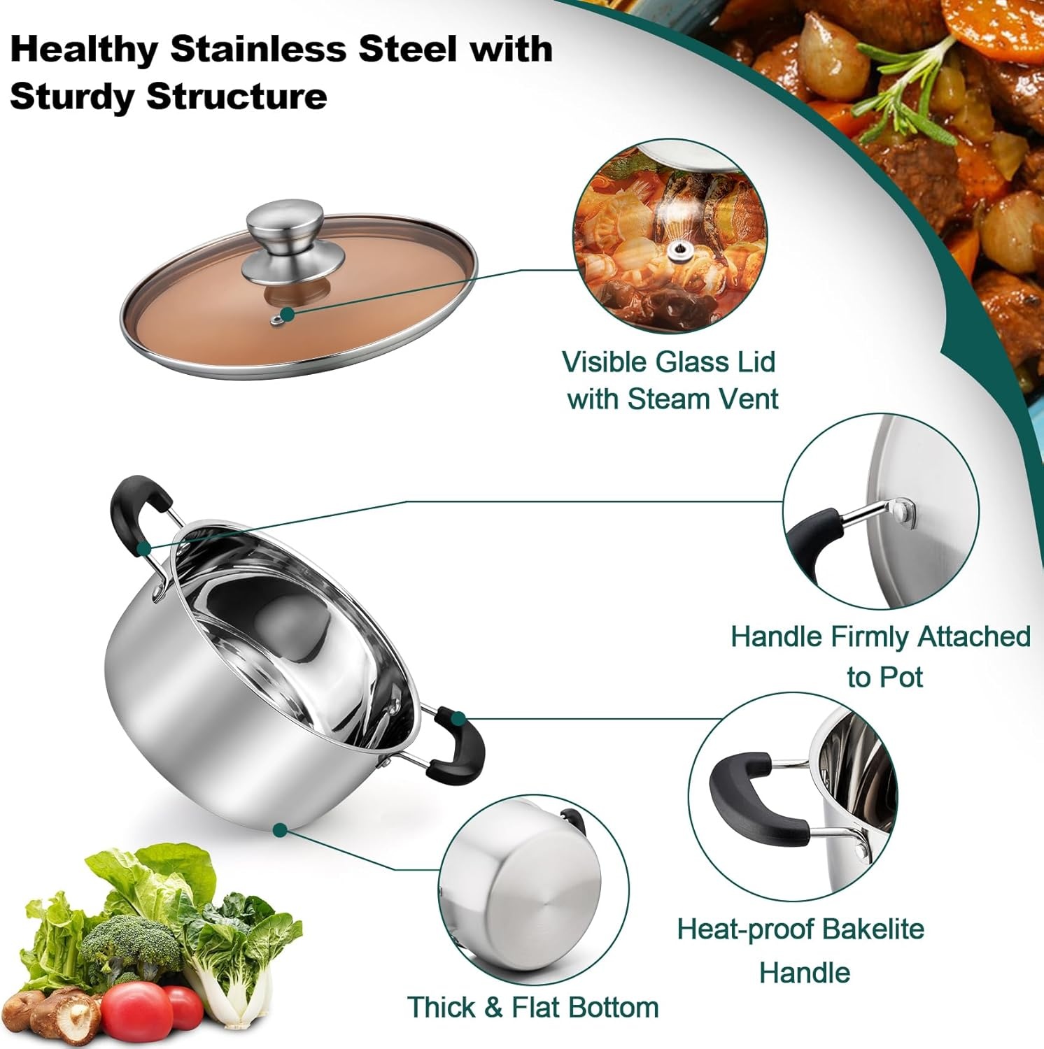 image:imageTeamFar Stock Pot 4qt Stainless Steel Stock Soup Pasta Pot with Lid Double Heatproof Handles Non Toxic amp Healthy Easy Clean amp Dishwasher Safe3 Quarts