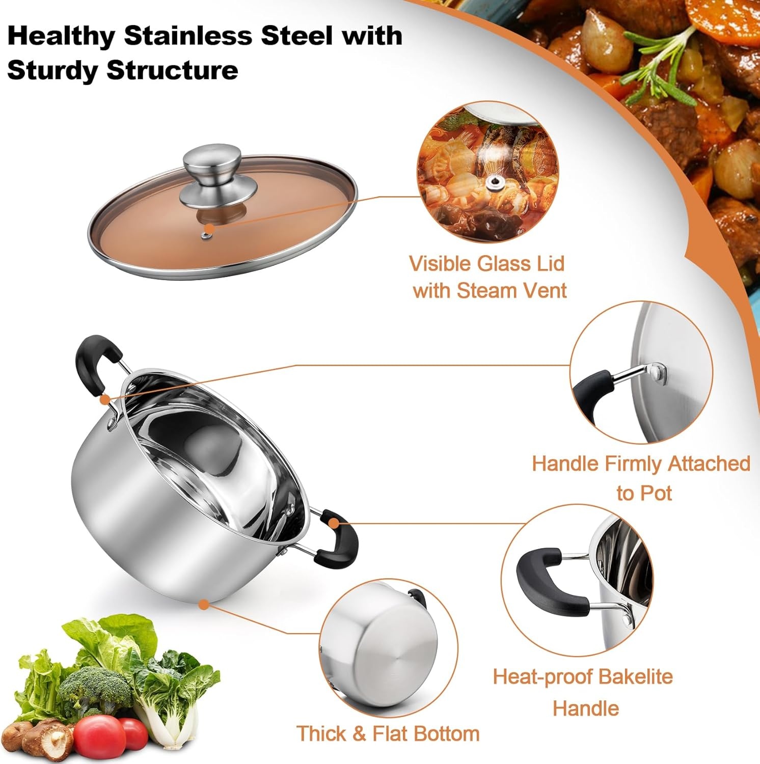 image:imageTeamFar Stock Pot 4qt Stainless Steel Stock Soup Pasta Pot with Lid Double Heatproof Handles Non Toxic amp Healthy Easy Clean amp Dishwasher Safe4 Quarts