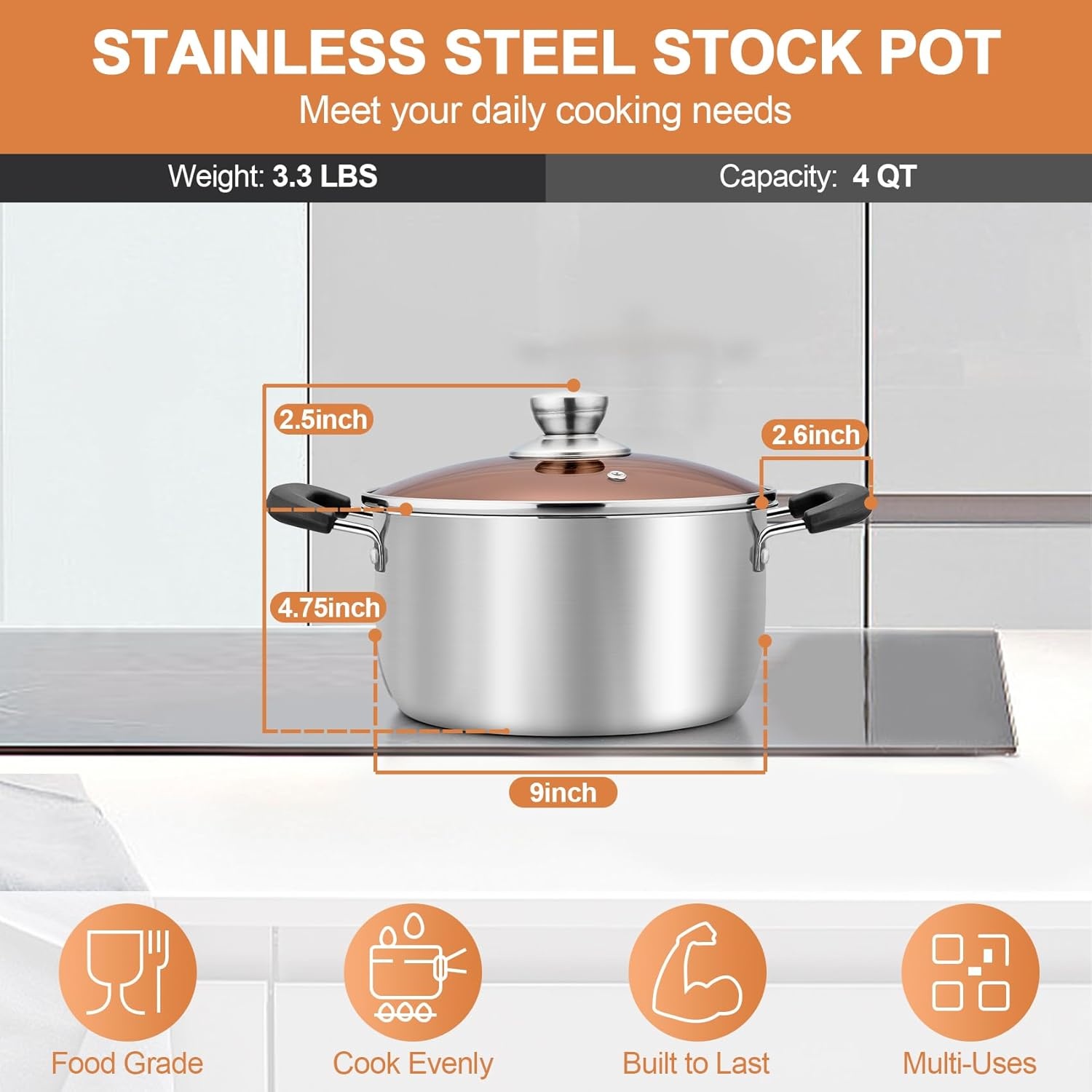 image:imageTeamFar Stock Pot 4qt Stainless Steel Stock Soup Pasta Pot with Lid Double Heatproof Handles Non Toxic amp Healthy Easy Clean amp Dishwasher Safe4 Quarts