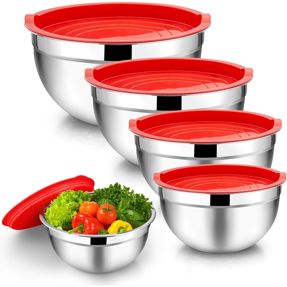 image:imageTeamFar Mixing Bowls 45315107 QT Stainless Steel Metal Nesting Salad Bowl with Lid Set Ideal for Mixing Serving NonToxic amp Sturdy Airtight Lid amp Easy Clean RedSet of 5Red