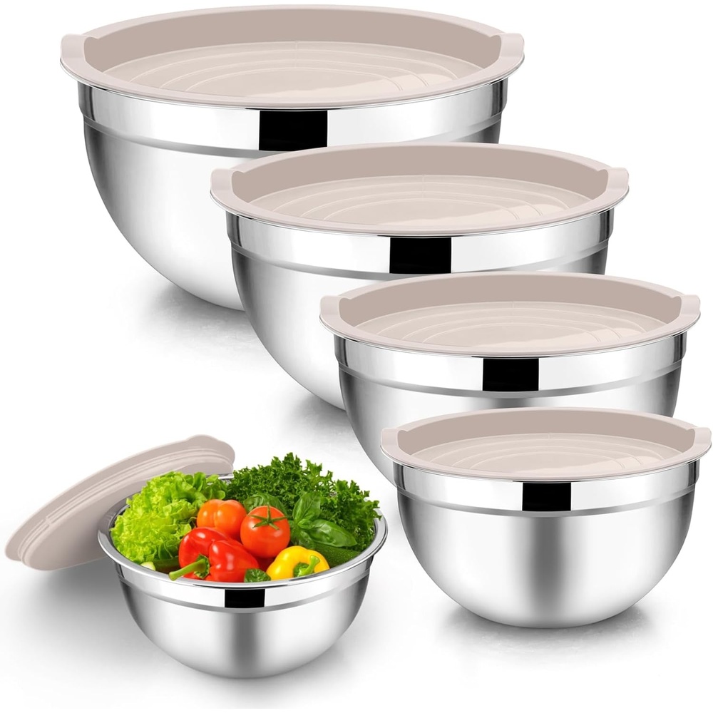 image:imageTeamFar Mixing Bowls 45315107 QT Stainless Steel Metal Nesting Salad Bowl with Lid Set Ideal for Mixing Serving NonToxic amp Sturdy Airtight Lid amp Easy Clean RedSet of 5Khaki