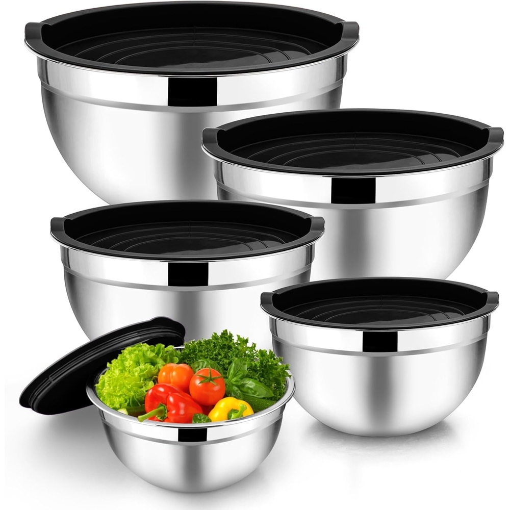 image:imageTeamFar Mixing Bowls 45315107 QT Stainless Steel Metal Nesting Salad Bowl with Lid Set Ideal for Mixing Serving NonToxic amp Sturdy Airtight Lid amp Easy Clean RedSet of 5Black