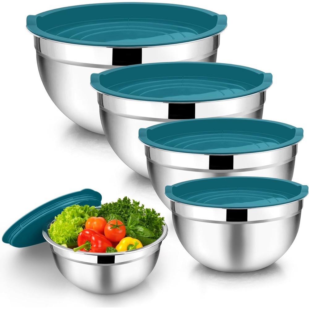 image:imageTeamFar Mixing Bowls 45315107 QT Stainless Steel Metal Nesting Salad Bowl with Lid Set Ideal for Mixing Serving NonToxic amp Sturdy Airtight Lid amp Easy Clean RedSet of 5Blue