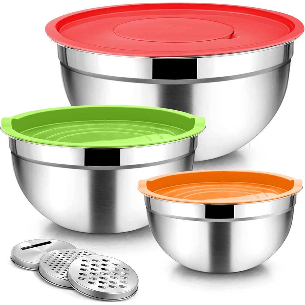 image:imageTeamFar Mixing Bowls Stainless Steel Nesting Salad Bowls with Lids Set of 3 amp 3 Grater Attachments For MixingServingStoring Nontoxic amp Longlasting Size 463 15 QT BlackMulticolor