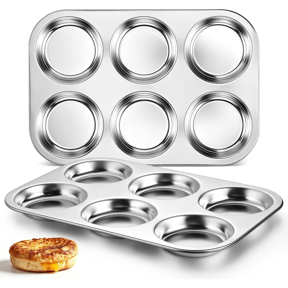 image:imageTeamFar Muffin Top Pan 2 PCS 6 Cavity Stainless Steel Shallow Cupcake Pan Muffin Tin for Baking Yorkshire Pudding Whoopie Pie Egg Bite Hamburger Bun Non Toxic amp Dishwasher Safe2