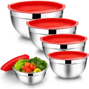 image:imageTeamFar Mixing Bowls 45315107 QT Stainless Steel Metal Nesting Salad Bowl with Lid Set Ideal for Mixing Serving NonToxic amp Sturdy Airtight Lid amp Easy Clean RedSet of 5Red