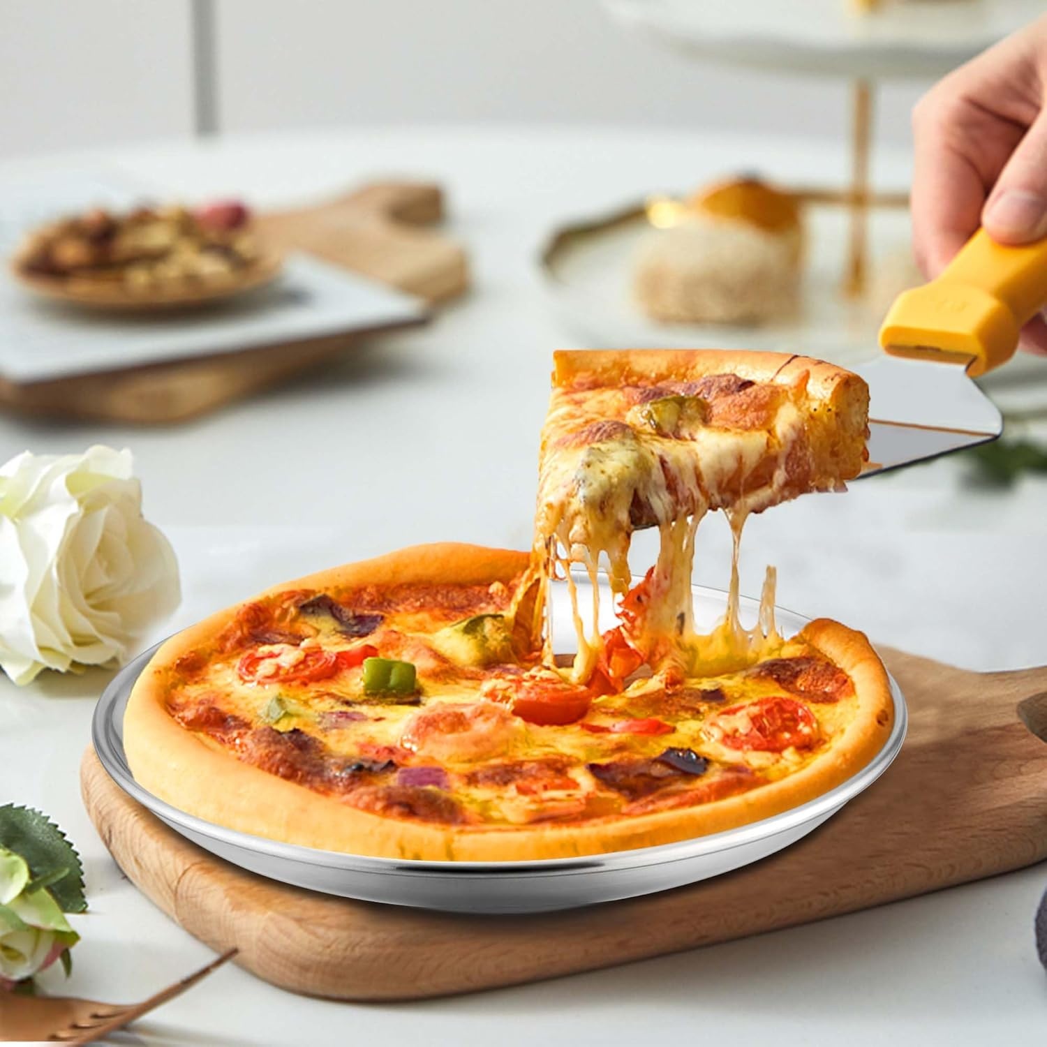 image:imageTeamFar 9 Inch Pizza Pan Stainless Steel Small Crispy Pizza Tray Round Pizza Dish Plates for Toaster Oven Baking Cooking Healthy amp Heavy Duty Easy Clean amp Dishwasher Safe4 PCS1