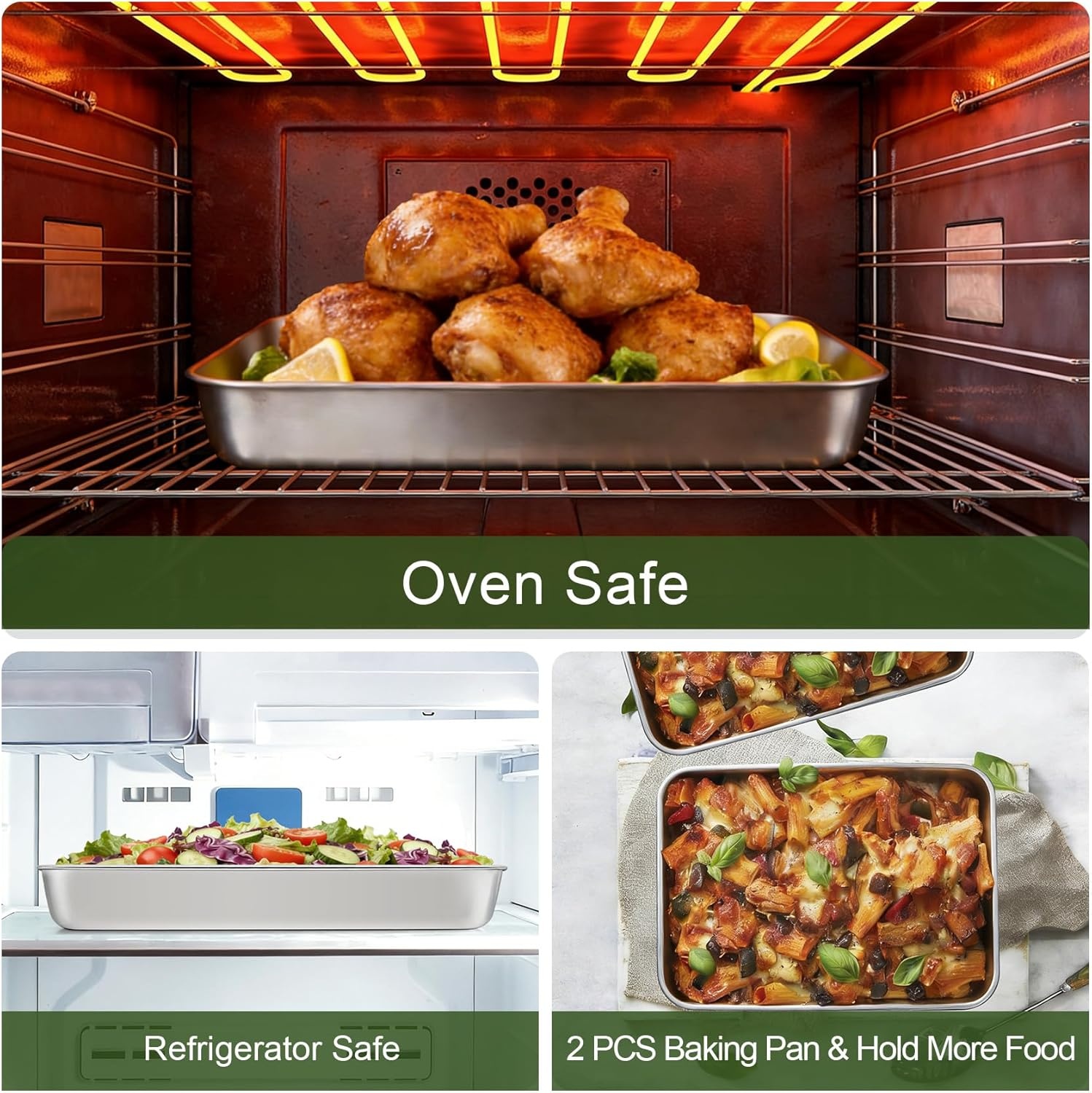 image:imageTeamFar 98x125 Baking Pan Stainless Steel Rectangular Cake Brownie Lasagna Pan for Cooking Healthy amp Sturdy Onepiece amp Even Heat Oven amp Dishwasher Safe Set of 2125 Inch