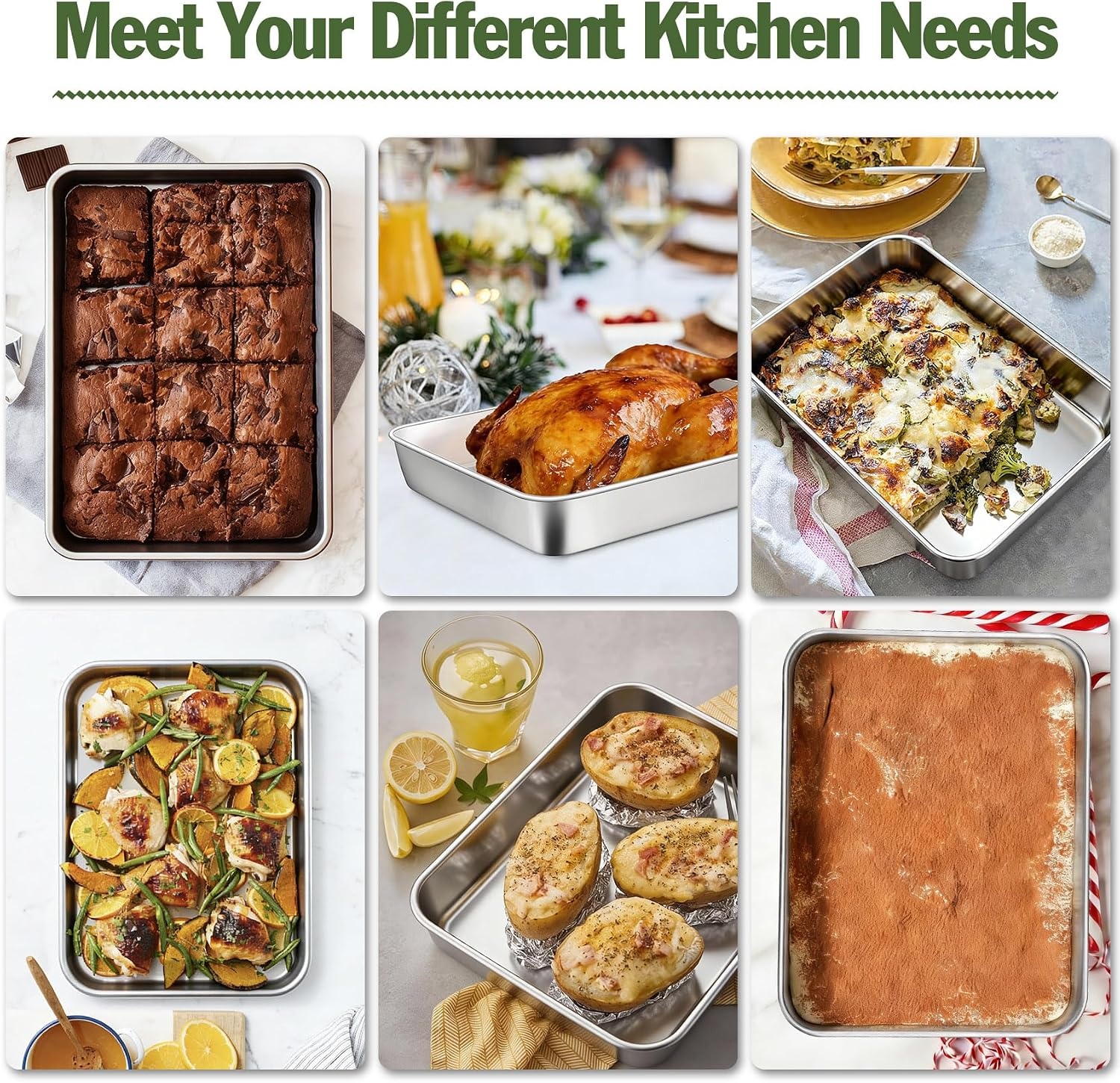 image:imageTeamFar 98x125 Baking Pan Stainless Steel Rectangular Cake Brownie Lasagna Pan for Cooking Healthy amp Sturdy Onepiece amp Even Heat Oven amp Dishwasher Safe Set of 2105 Inch
