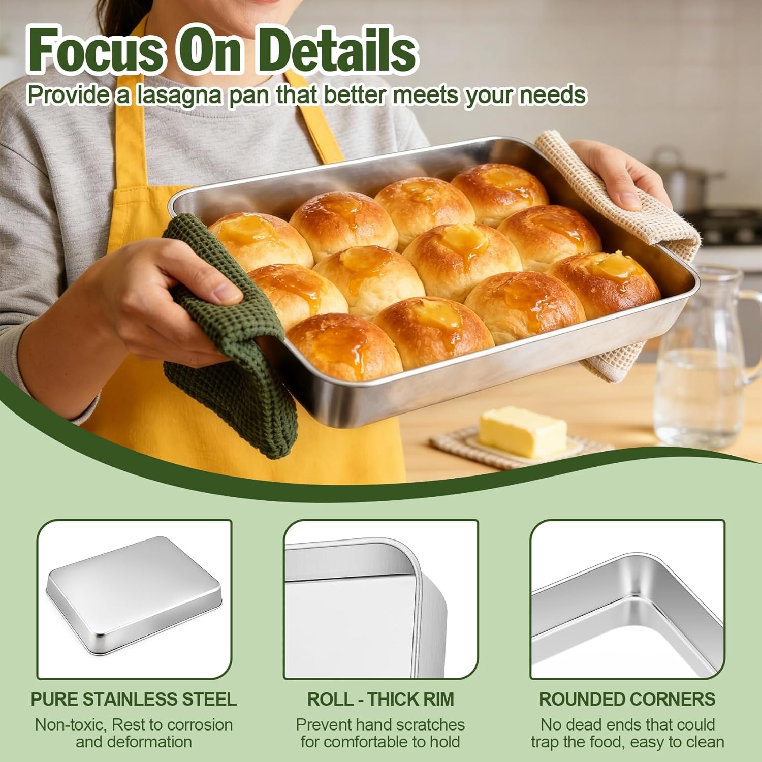 image:imageTeamFar 98x125 Baking Pan Stainless Steel Rectangular Cake Brownie Lasagna Pan for Cooking Healthy amp Sturdy Onepiece amp Even Heat Oven amp Dishwasher Safe Set of 2125 Inch
