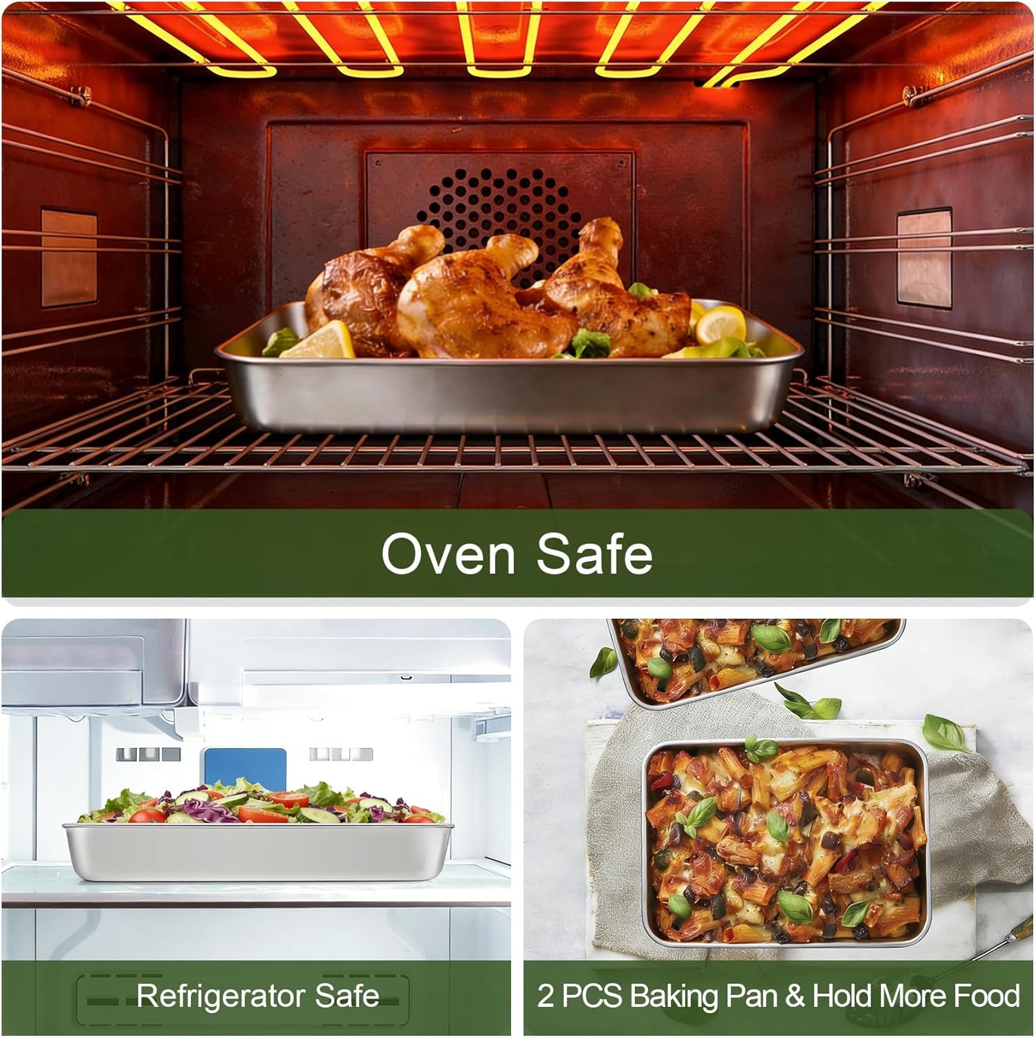 image:imageTeamFar 98x125 Baking Pan Stainless Steel Rectangular Cake Brownie Lasagna Pan for Cooking Healthy amp Sturdy Onepiece amp Even Heat Oven amp Dishwasher Safe Set of 2105 Inch